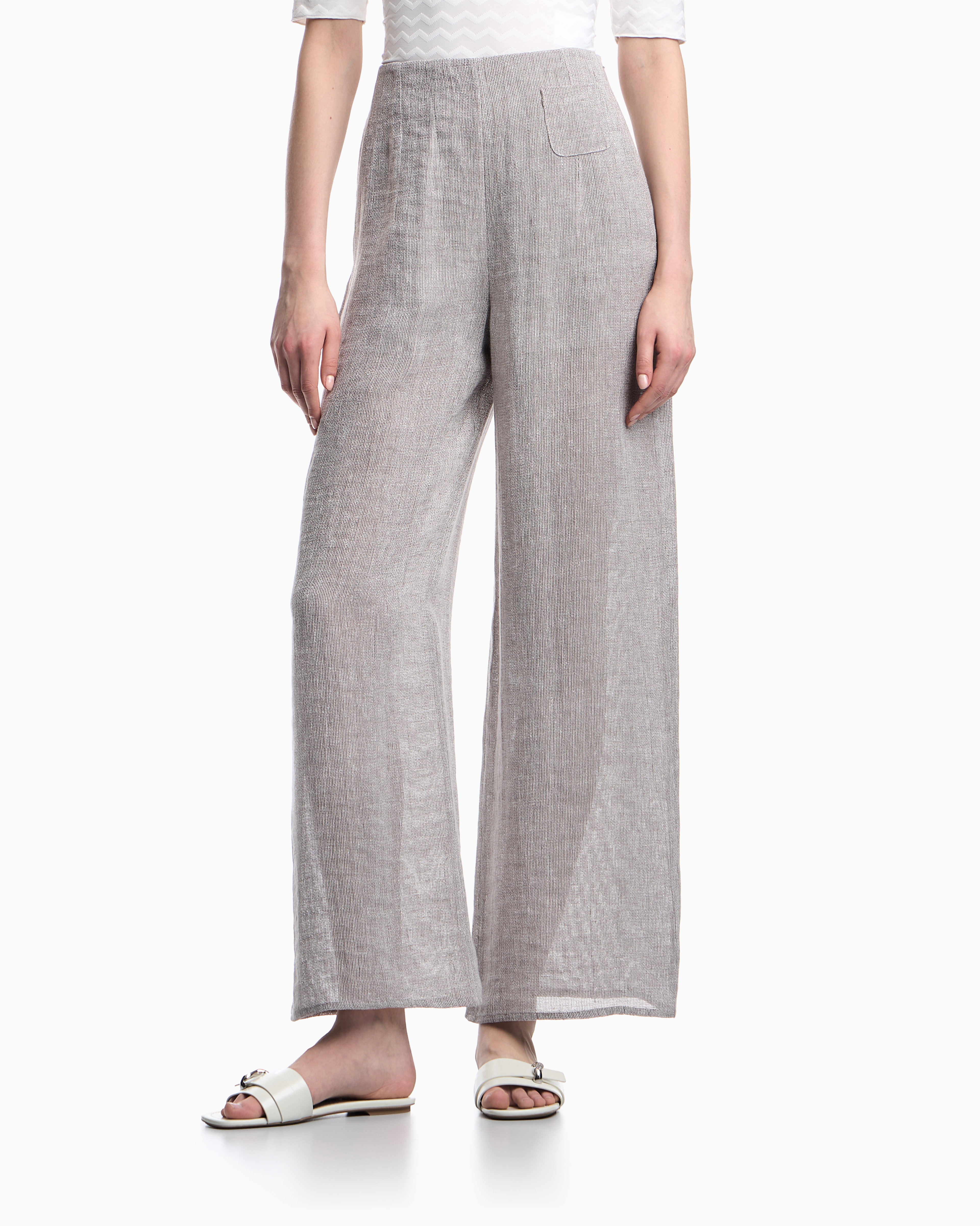 Emporio Armani Linen Wide Leg Textured Trousers In Gray