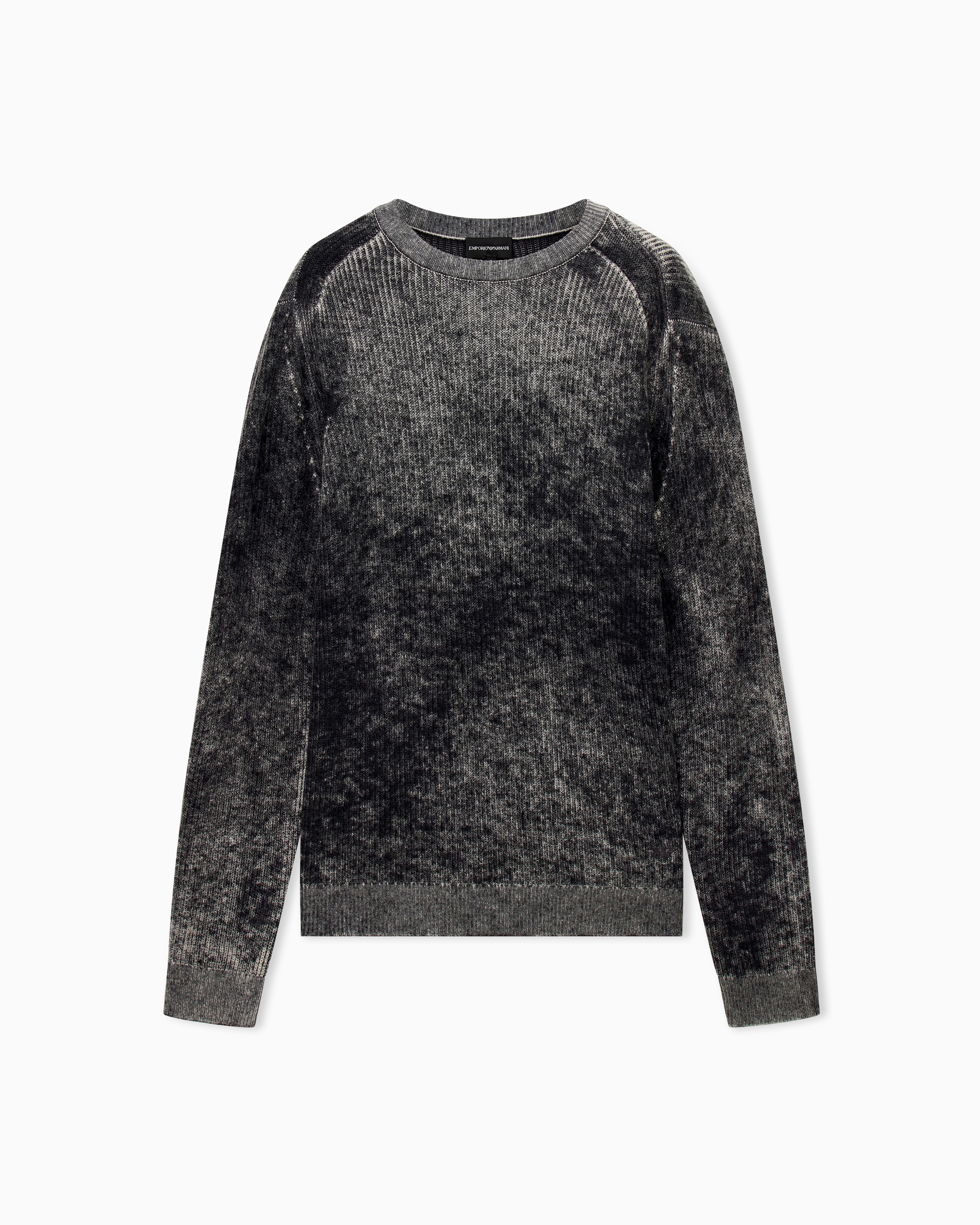 Emporio Armani Grey Ribbed Virgin Wool Sweater With Mélange Print