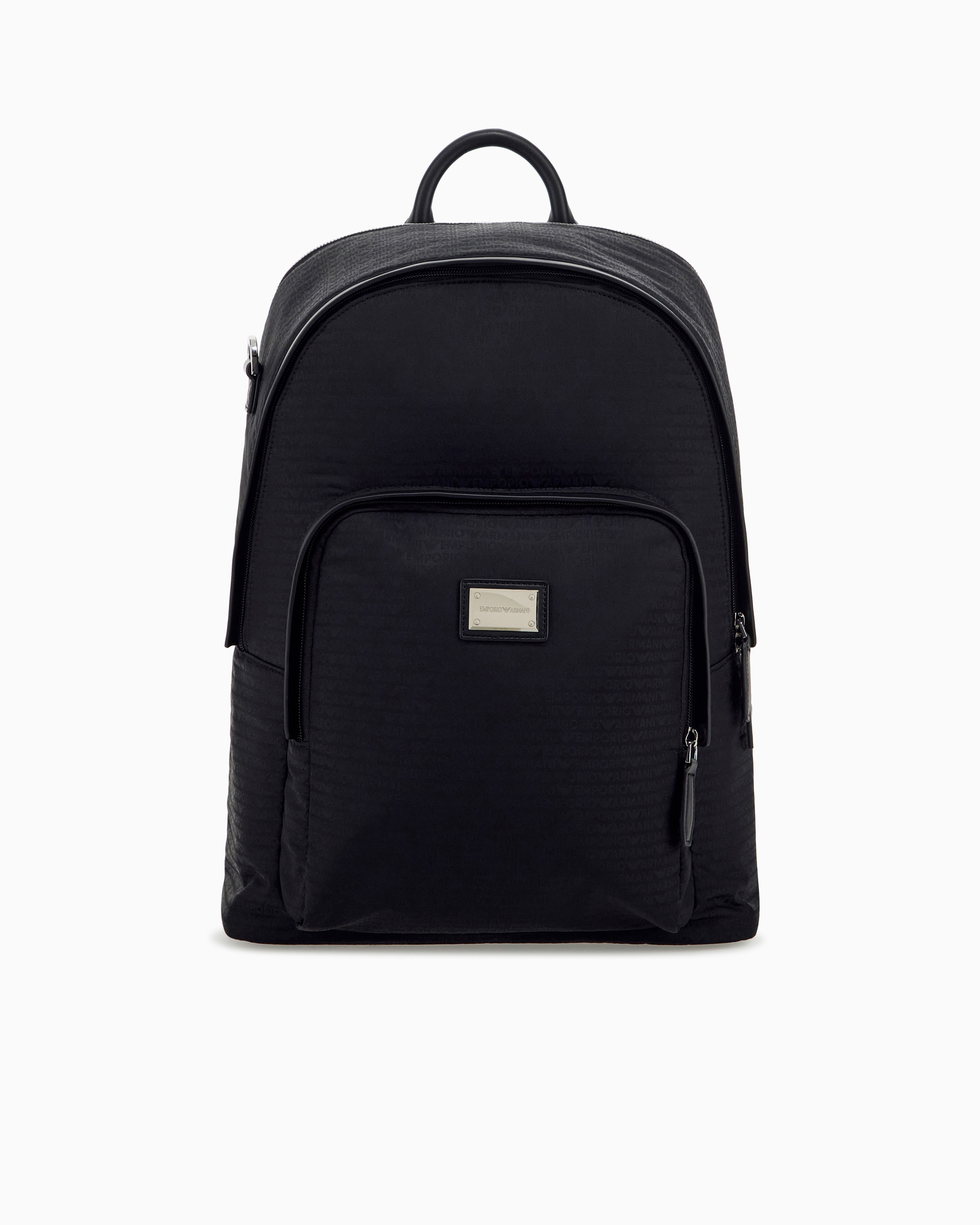 Emporio Armani Black Backpack With A Front Zip Pocket And A Metal Logo Plaque