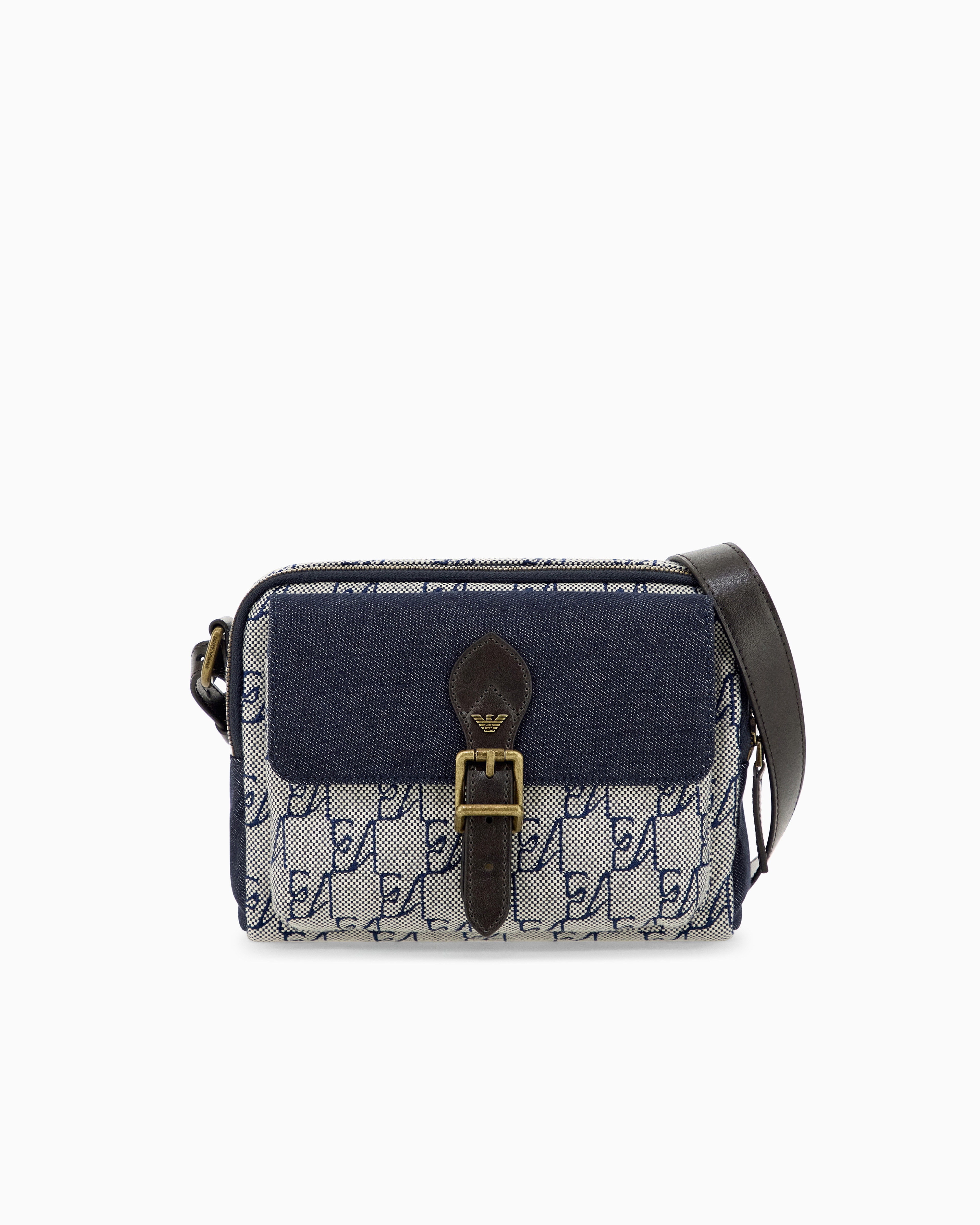 Emporio Armani Blue Crossbody Bag In Cotton With Monogram Pattern And Buckle