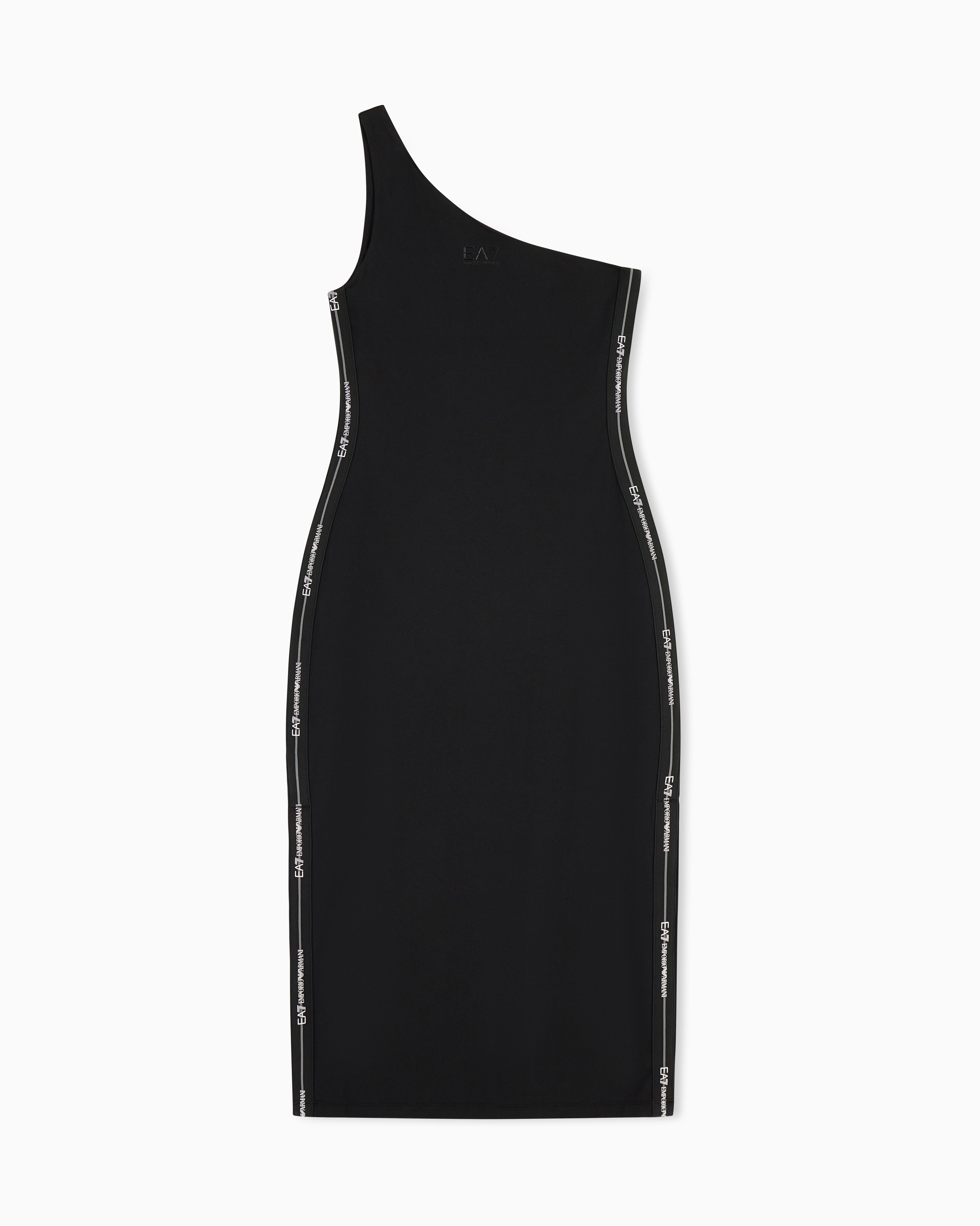 Ea7 Black Logo Series Stretch Jersey One-Shoulder Dress