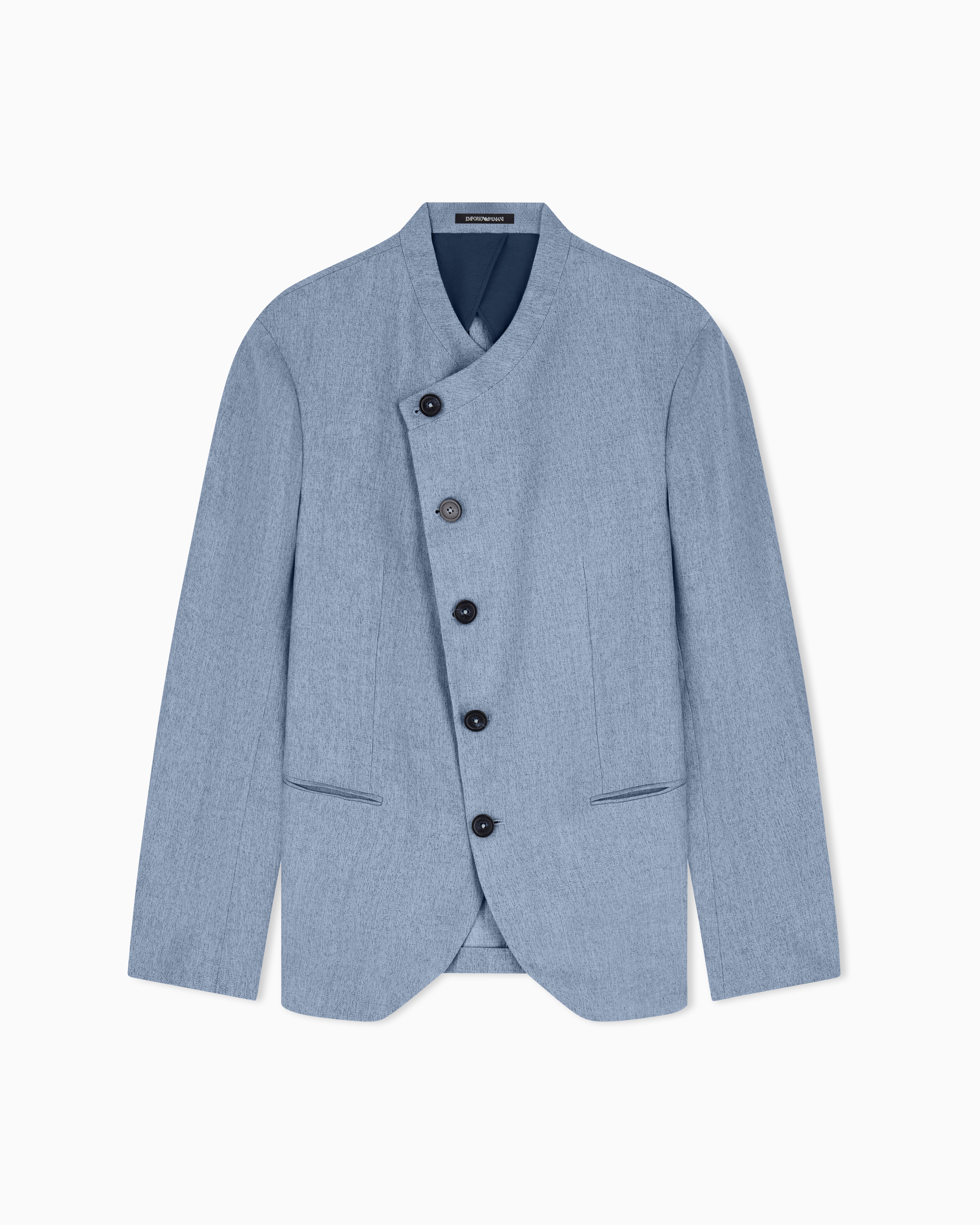 Emporio Armani Light Blue Icon Jacket With Diagonal Fastening In Textured Mouliné Linen Satin