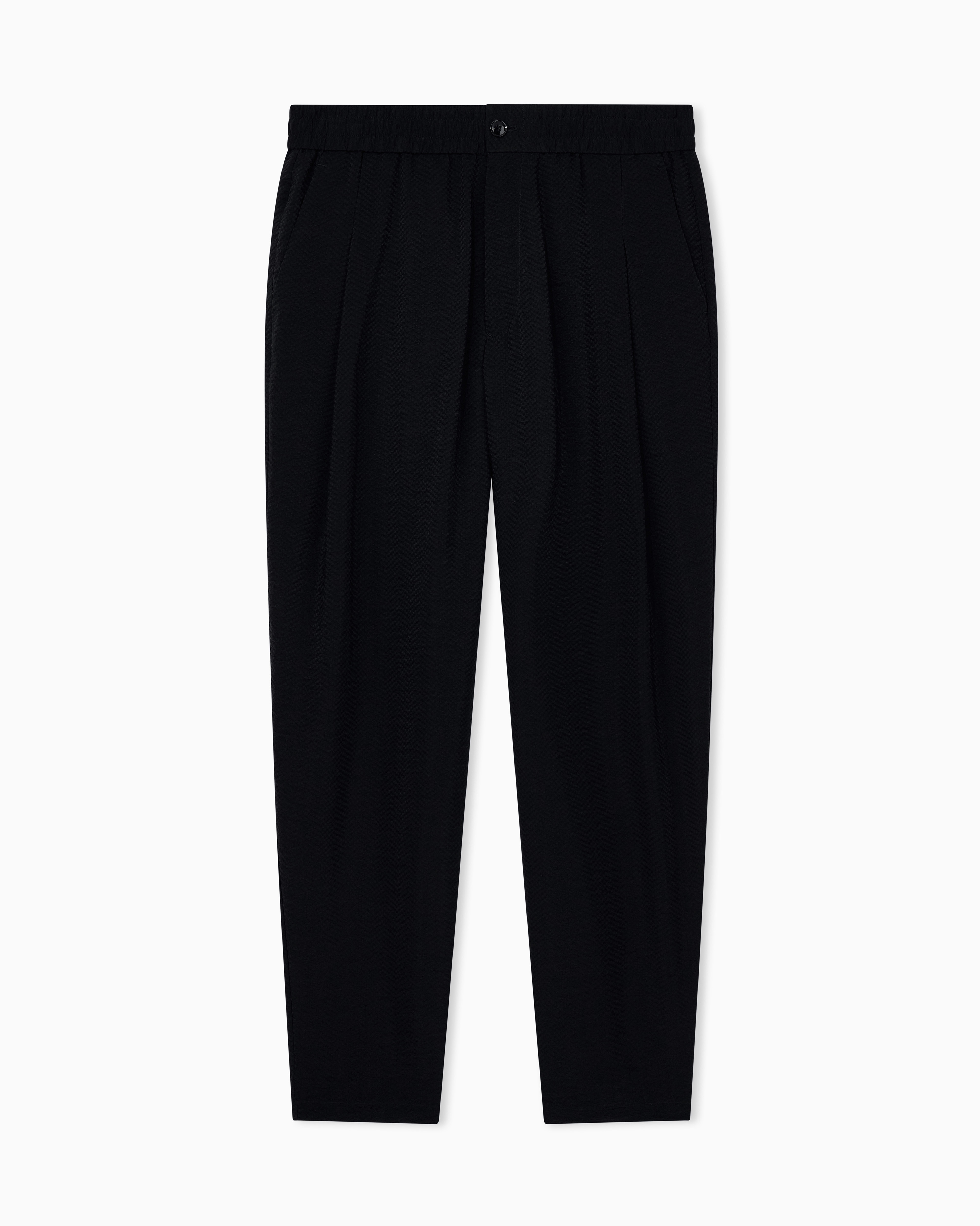Giorgio Armani Black Trousers Regular Fit In Micro Jacquard Chevron Cupro