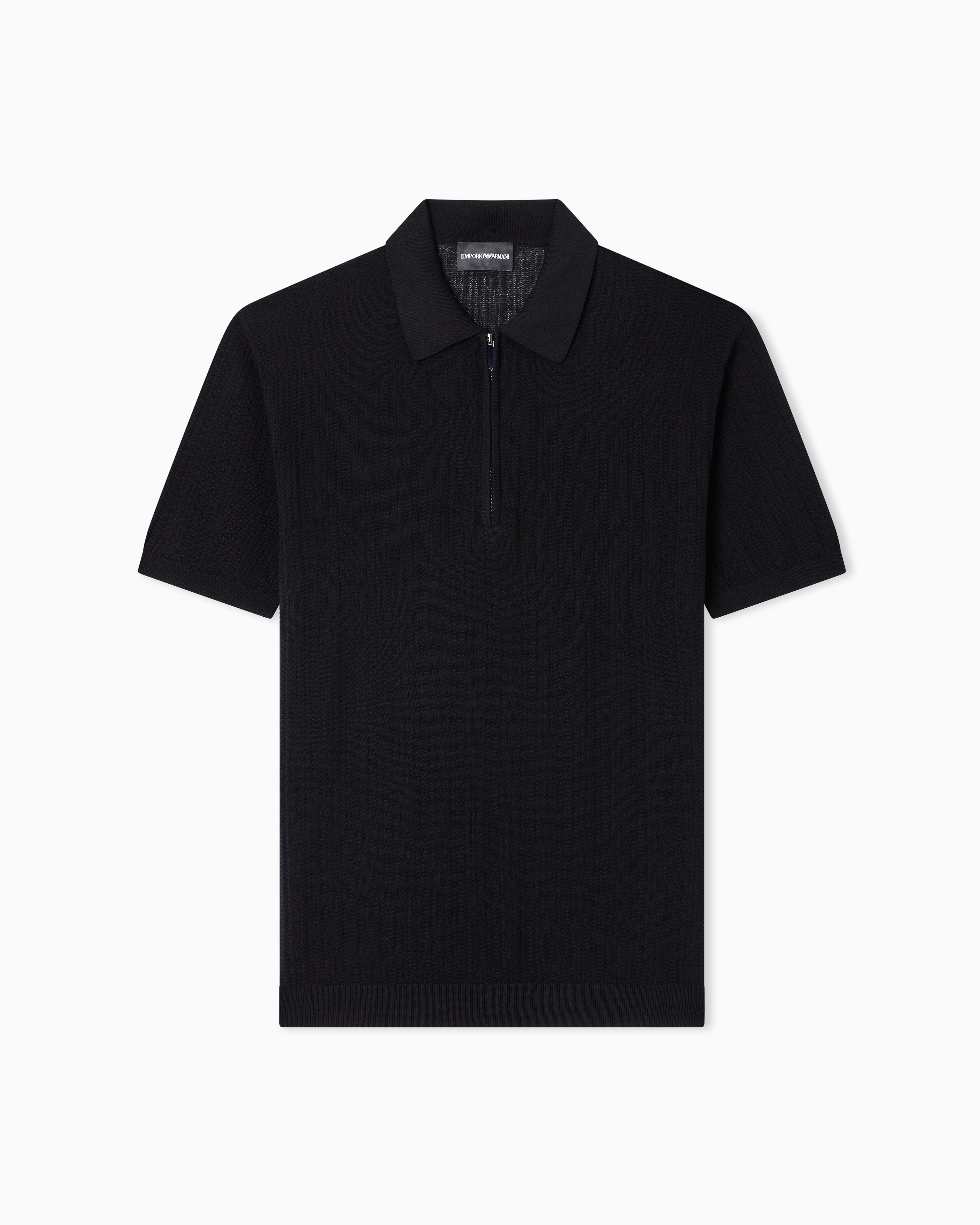 Emporio Armani Black Vertical Tuck-Stitch Jumper With Polo-Shirt Collar