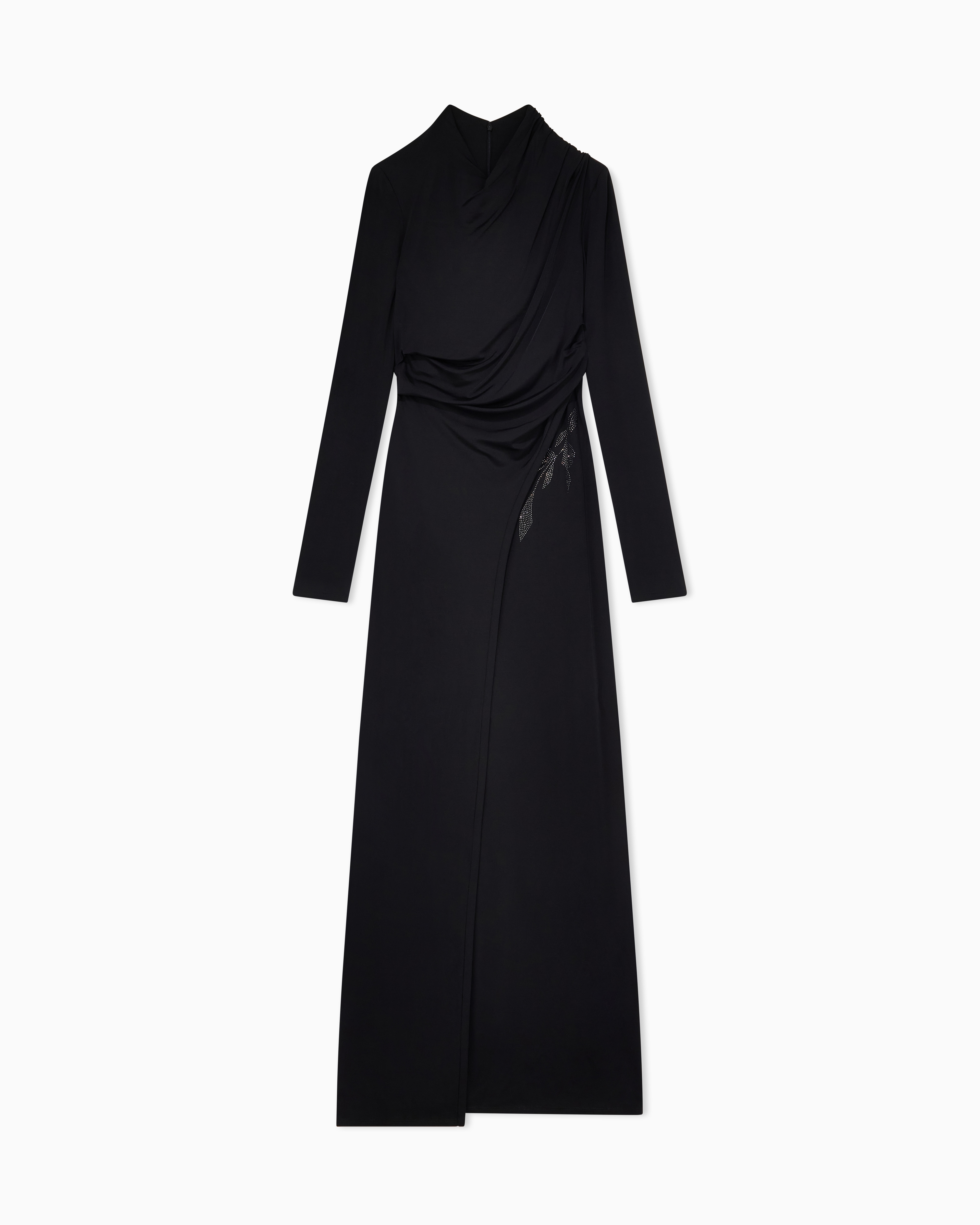 Giorgio Armani Black Asv Long Dress In Stretch Viscose Jersey With Rhinestones