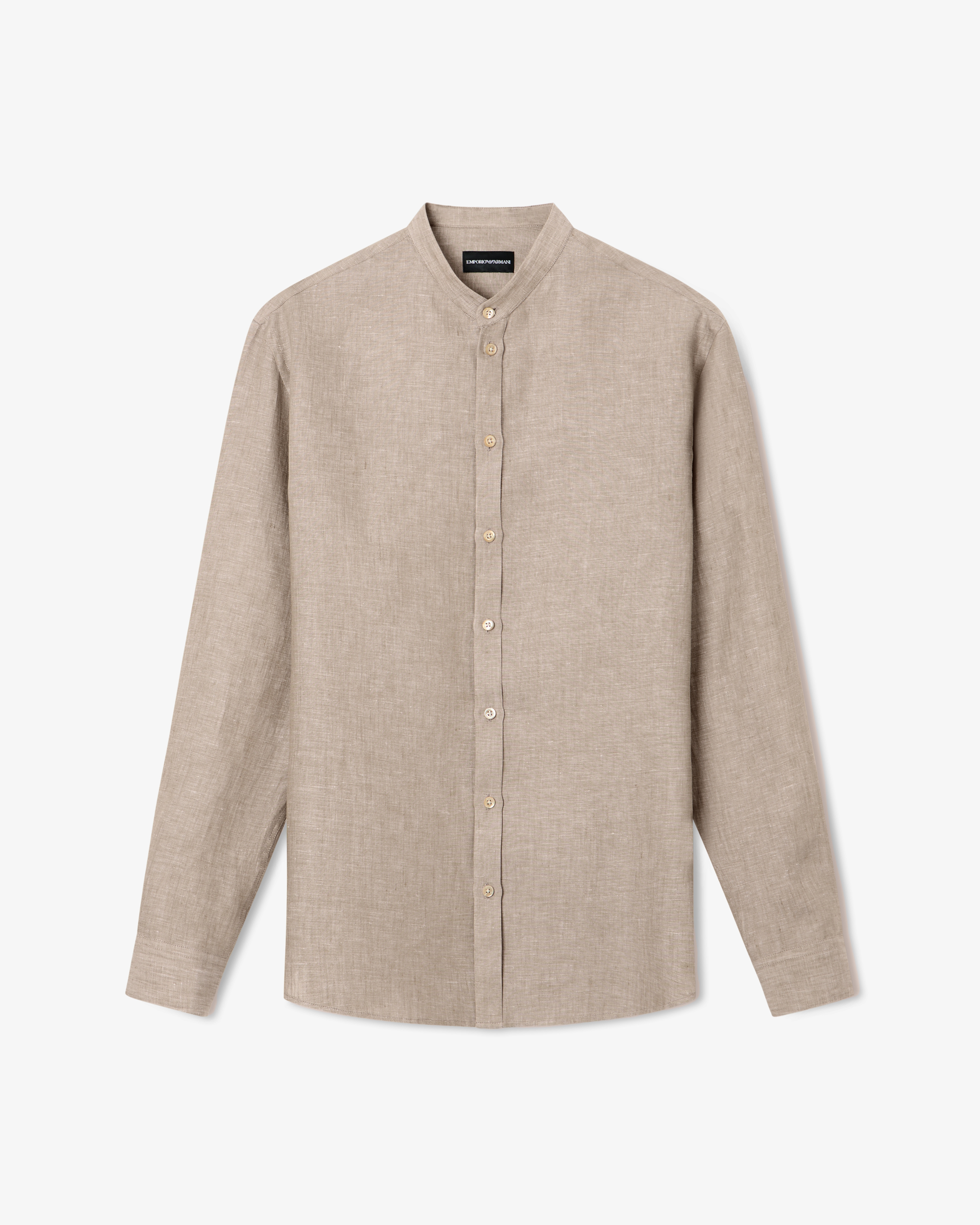 Emporio Armani Men's Brown Pure Linen Shirt With Guru Collar