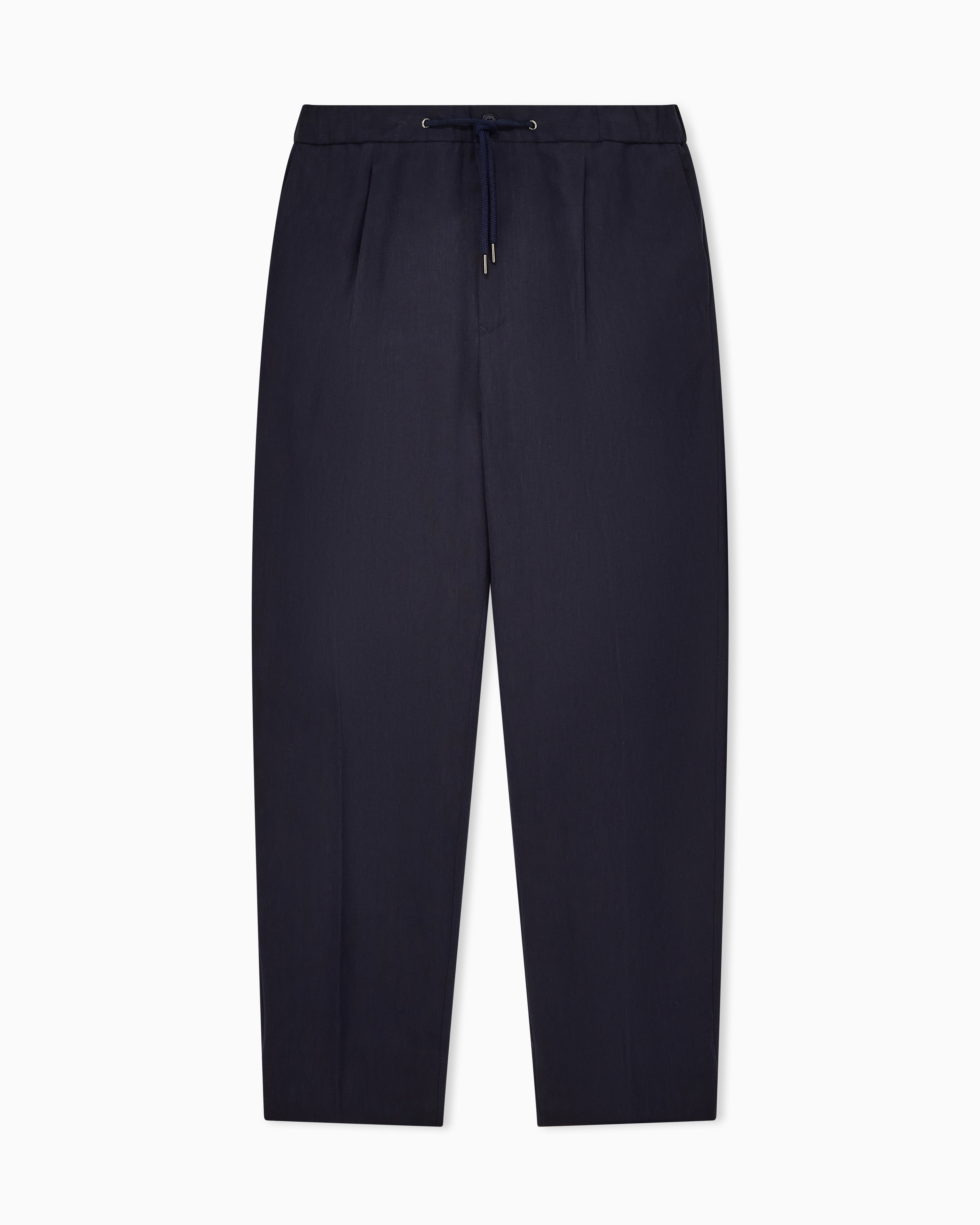 Giorgio Armani Navy Blue Linen Trousers With A Single Pleat And Drawstring