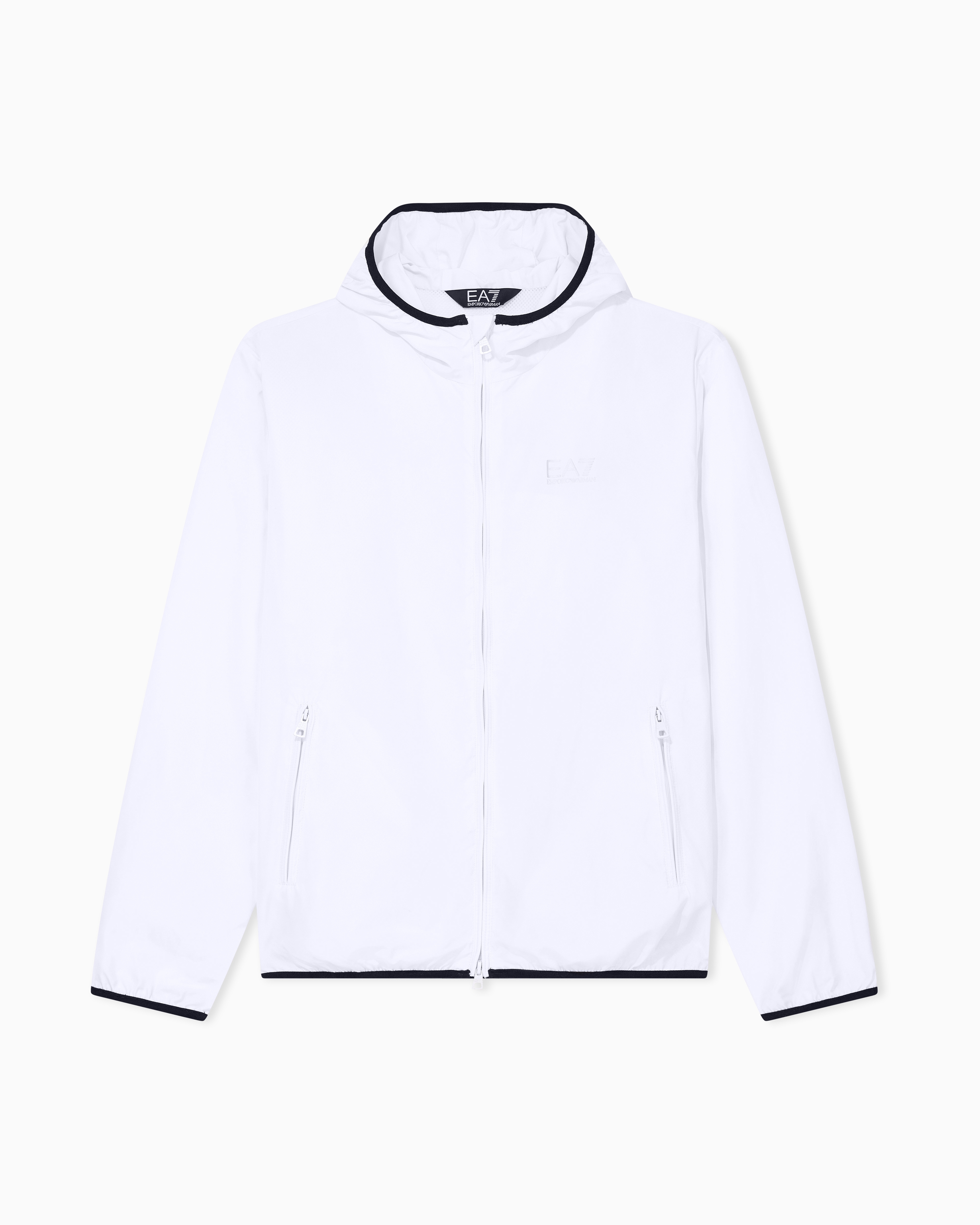 Ea7 White Technical Hooded Bomber With Zip Closure Core Identity