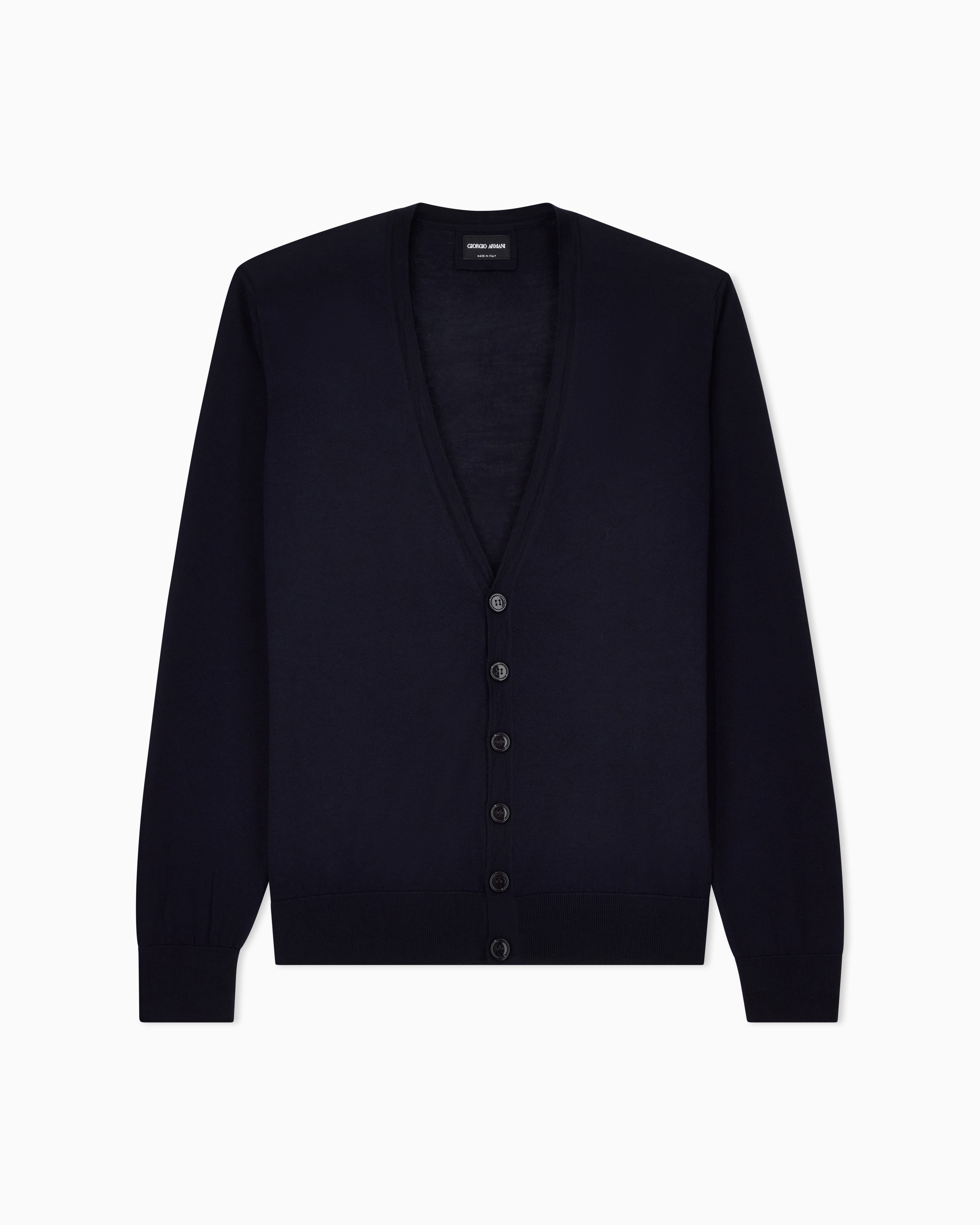 Giorgio Armani Navy Blue Button Cardigan In Virgin Wool With A V-Neck