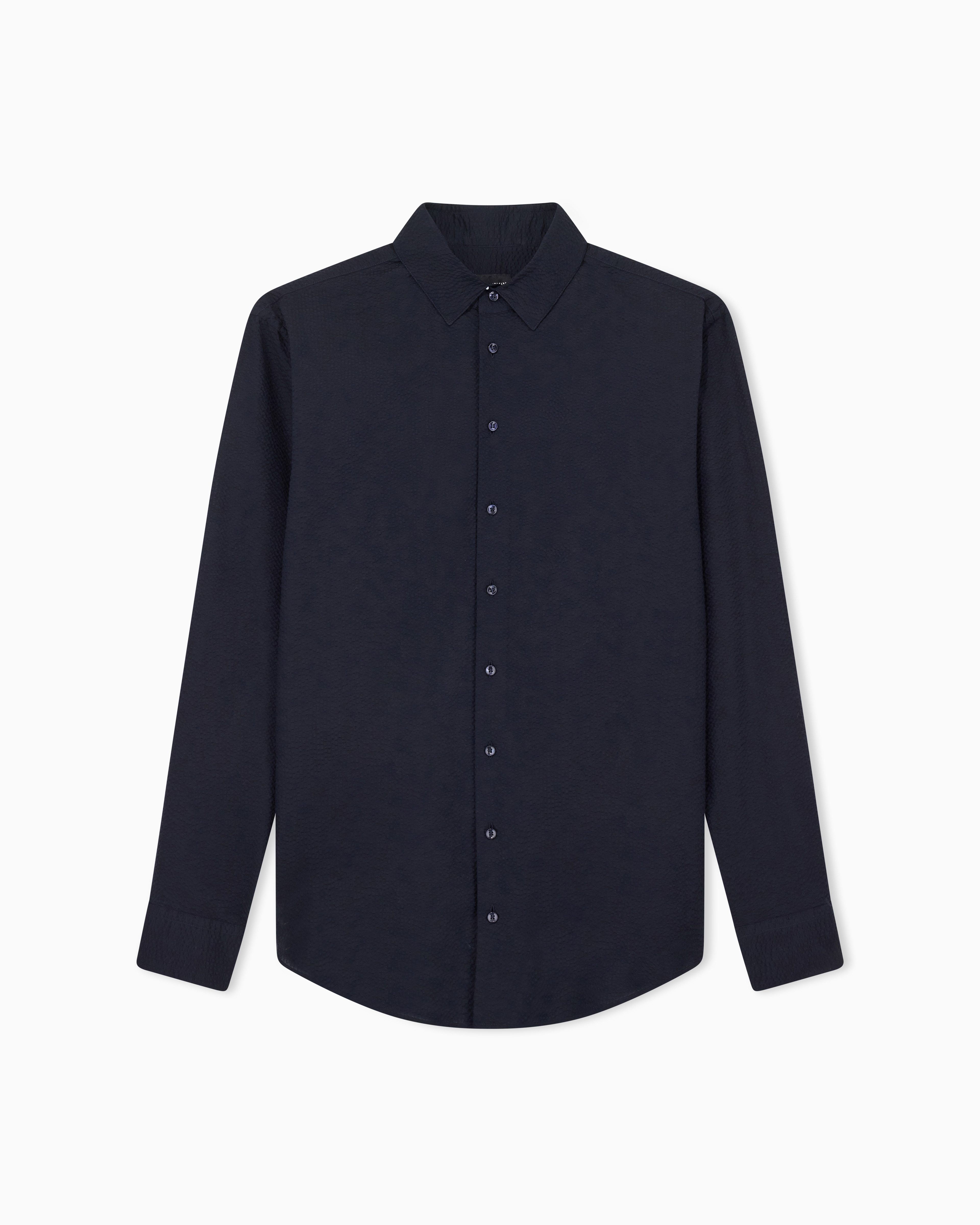 Giorgio Armani Navy Blue Regular-Fit Cotton-Seersucker Shirt