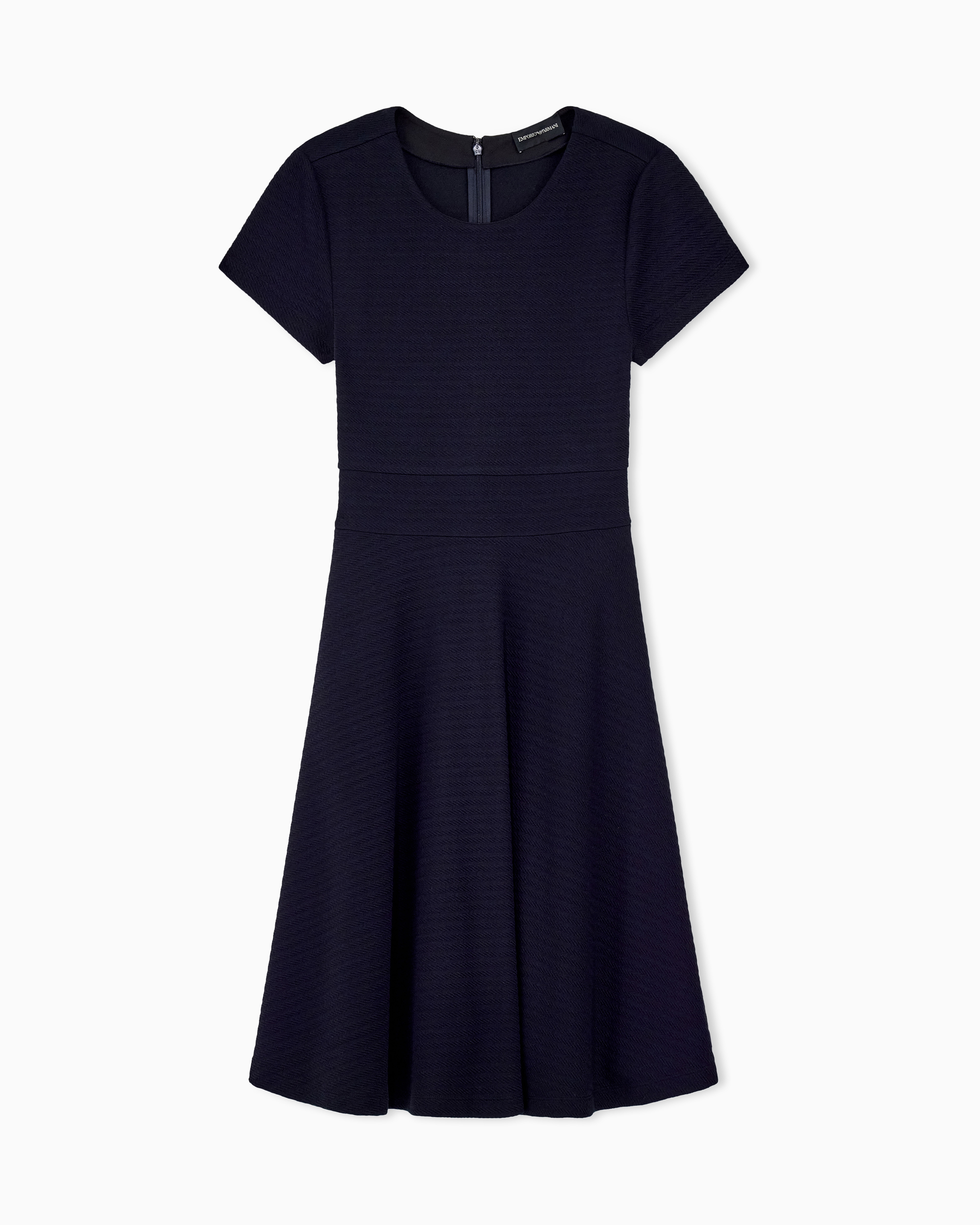 Emporio Armani Navy Blue Dress In Jersey Jacquard With Short Sleeves And Flared Skirt