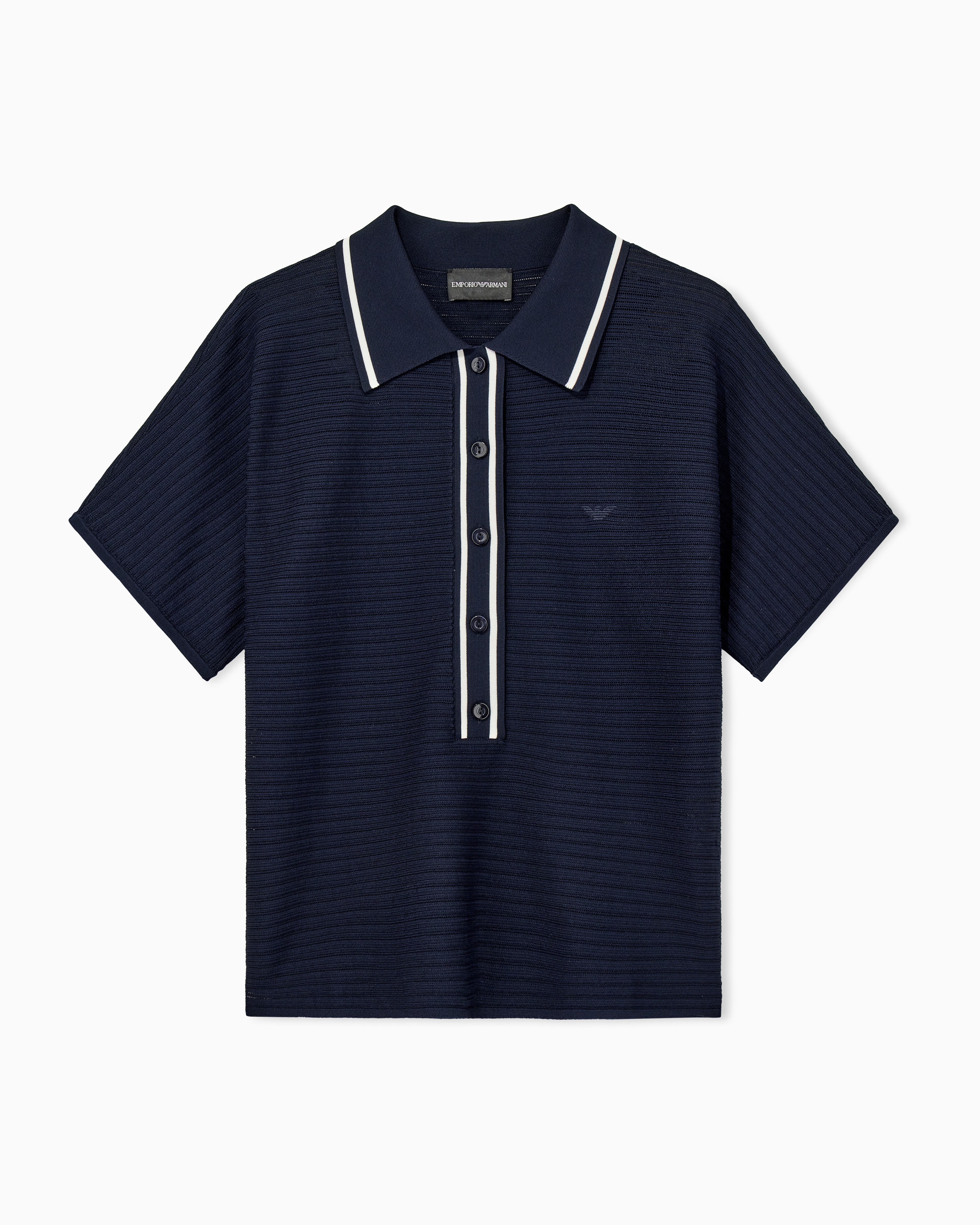 Emporio Armani Navy Blue Polo Shirt In Textured Viscose With Contrast Striped Trim