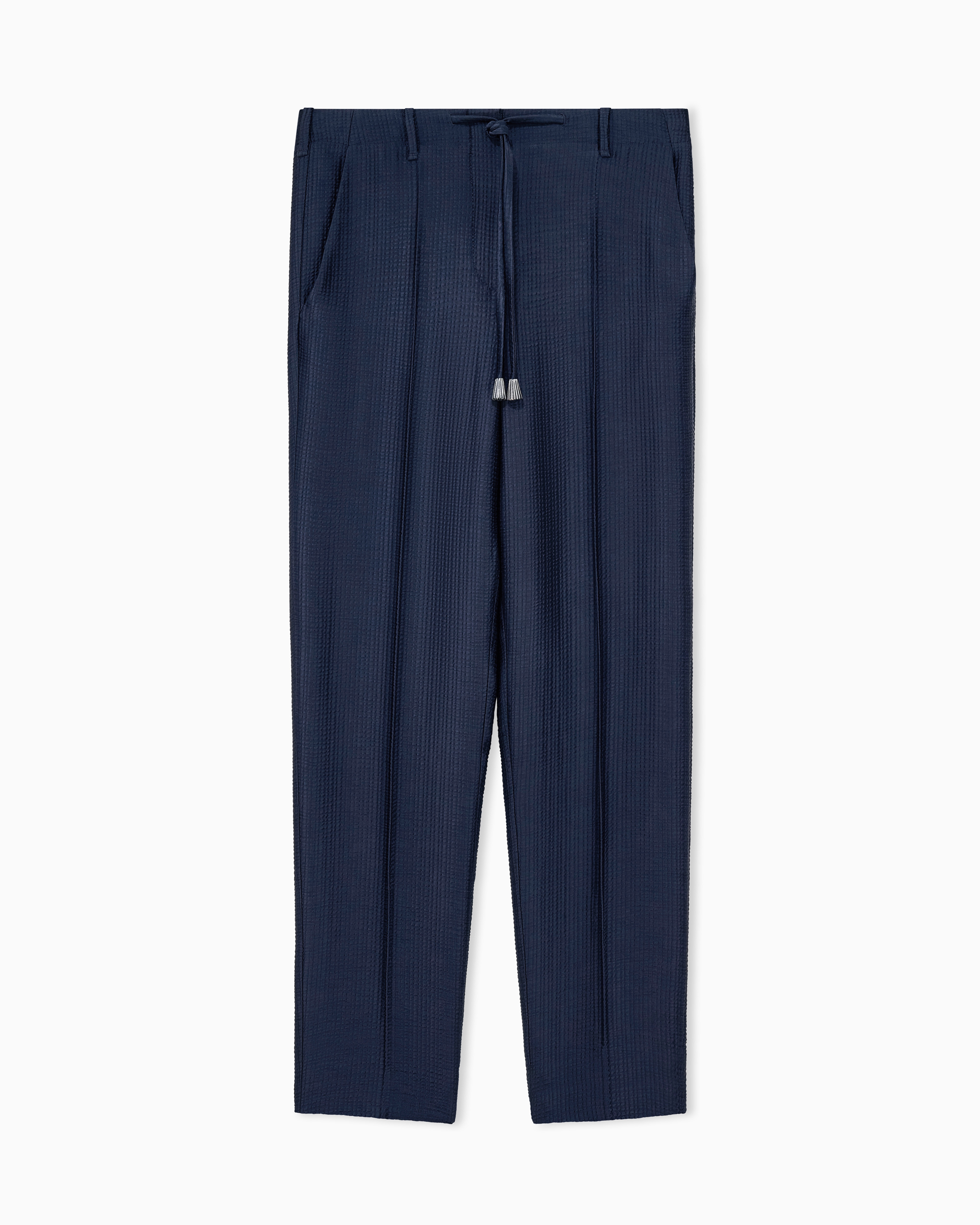 Giorgio Armani Blue Trousers In Textured Viscose And Wool With Drawstring