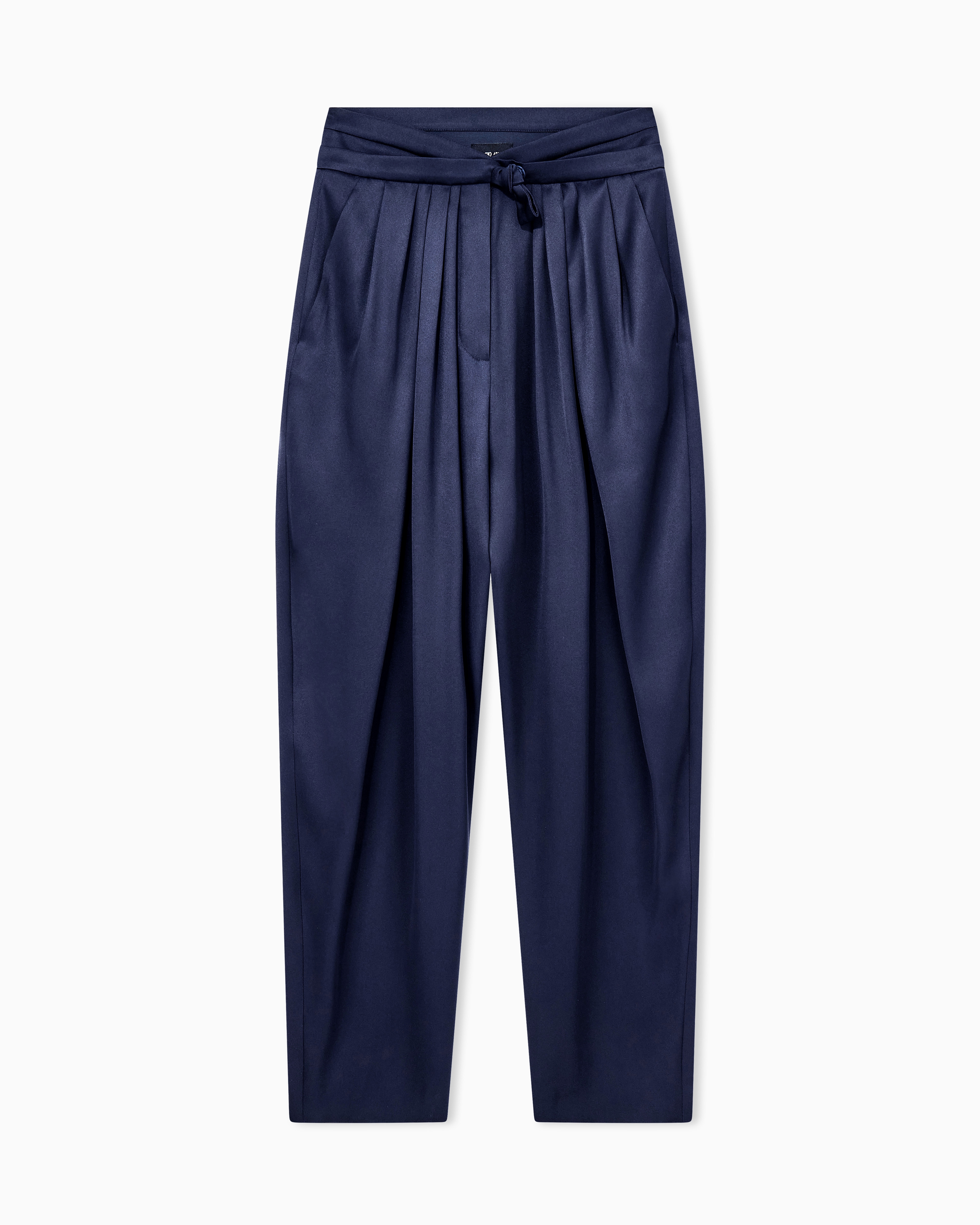 Giorgio Armani Blue Multi-Pleated Trousers In Silk Satin With A Waistband Knot