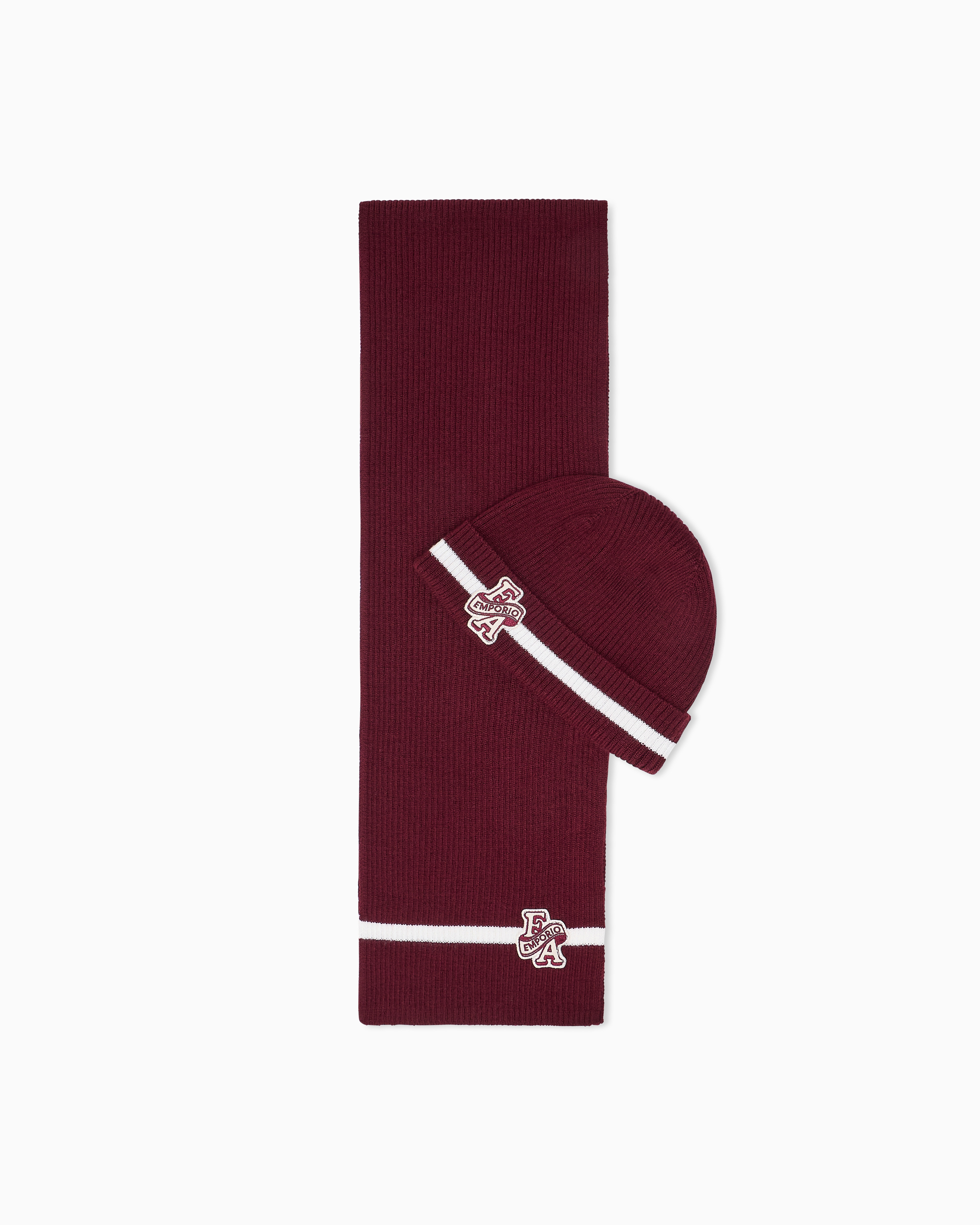 Emporio Armani Burgundy Ribbed Knit Virgin Wool Beanie And Scarf Set With Stripes