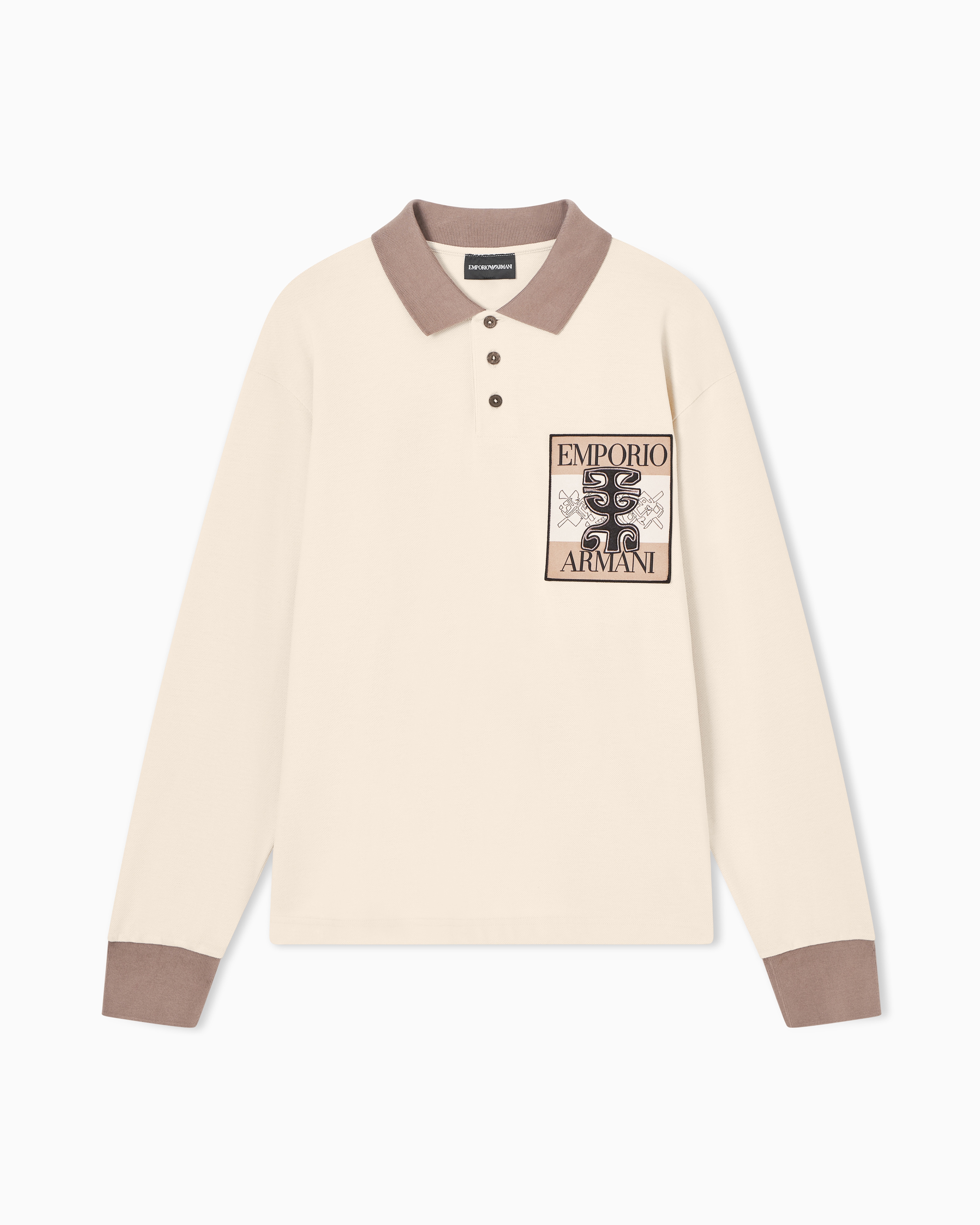 Emporio Armani Beige Piqué Polo Shirt With Patch And Tribal Print