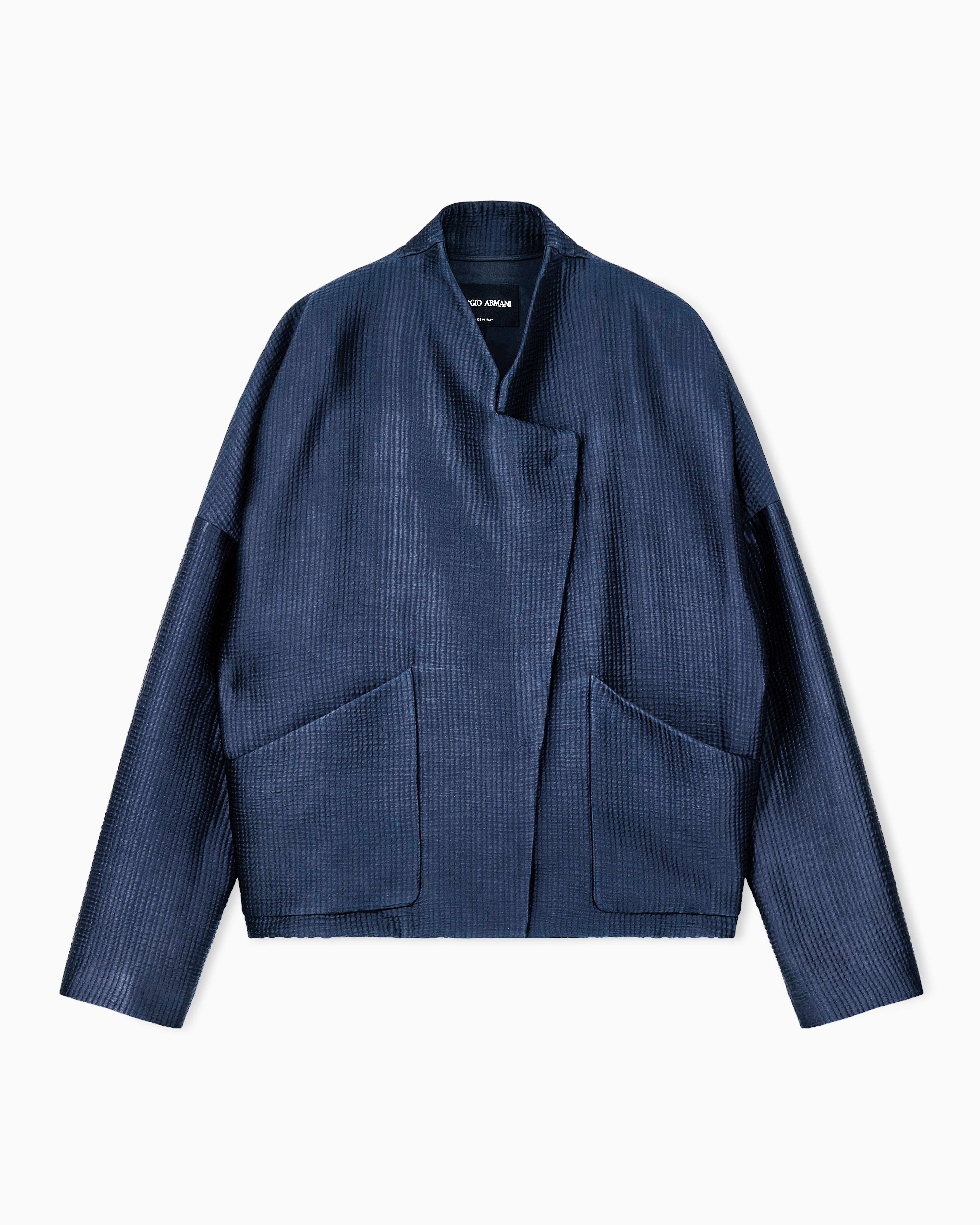 Giorgio Armani Blue Blouson In Textured Viscose And Wool With Patch Pockets