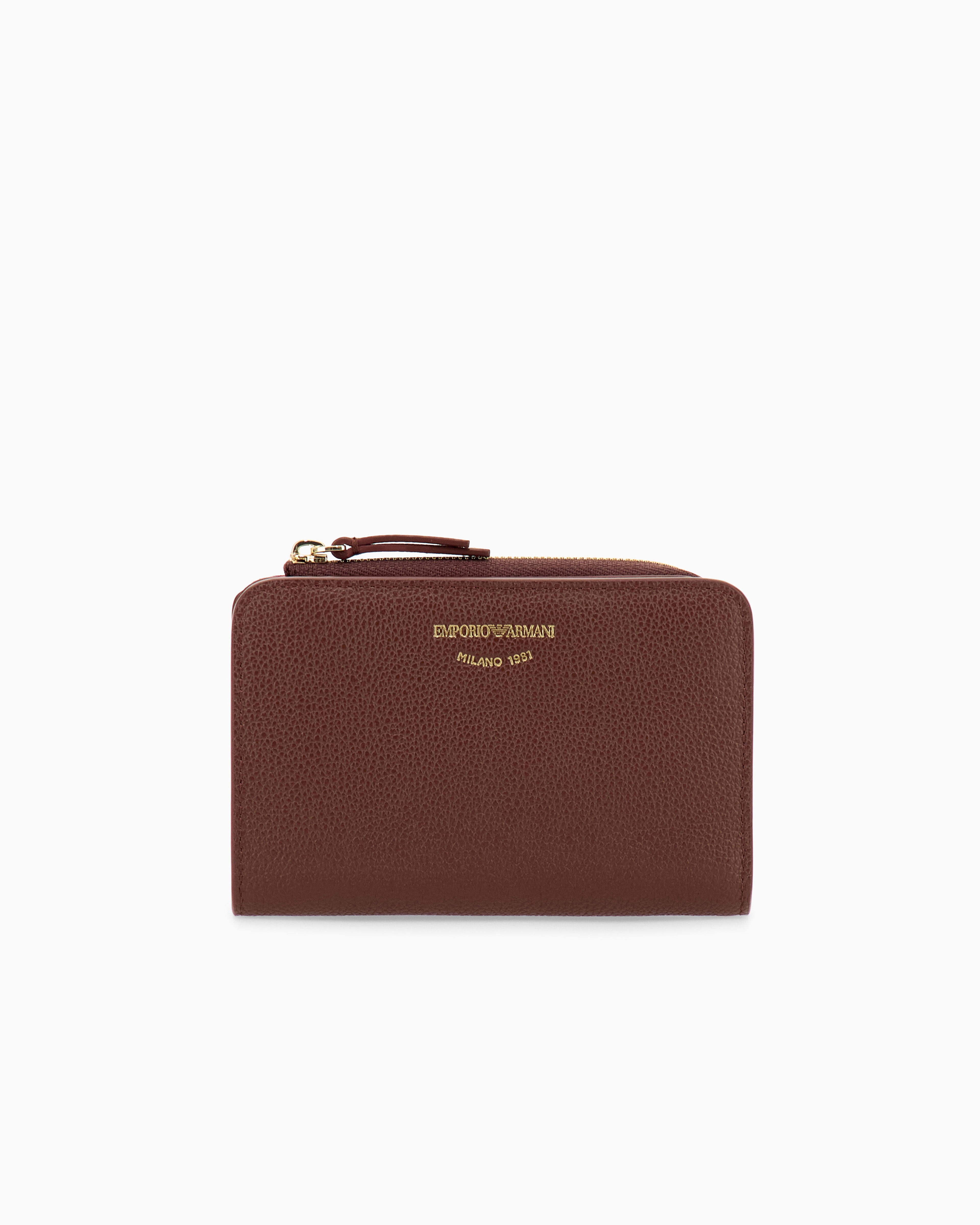 Emporio Armani Burgundy Textured Leather Billfold Wallet With Zip-Around Closure