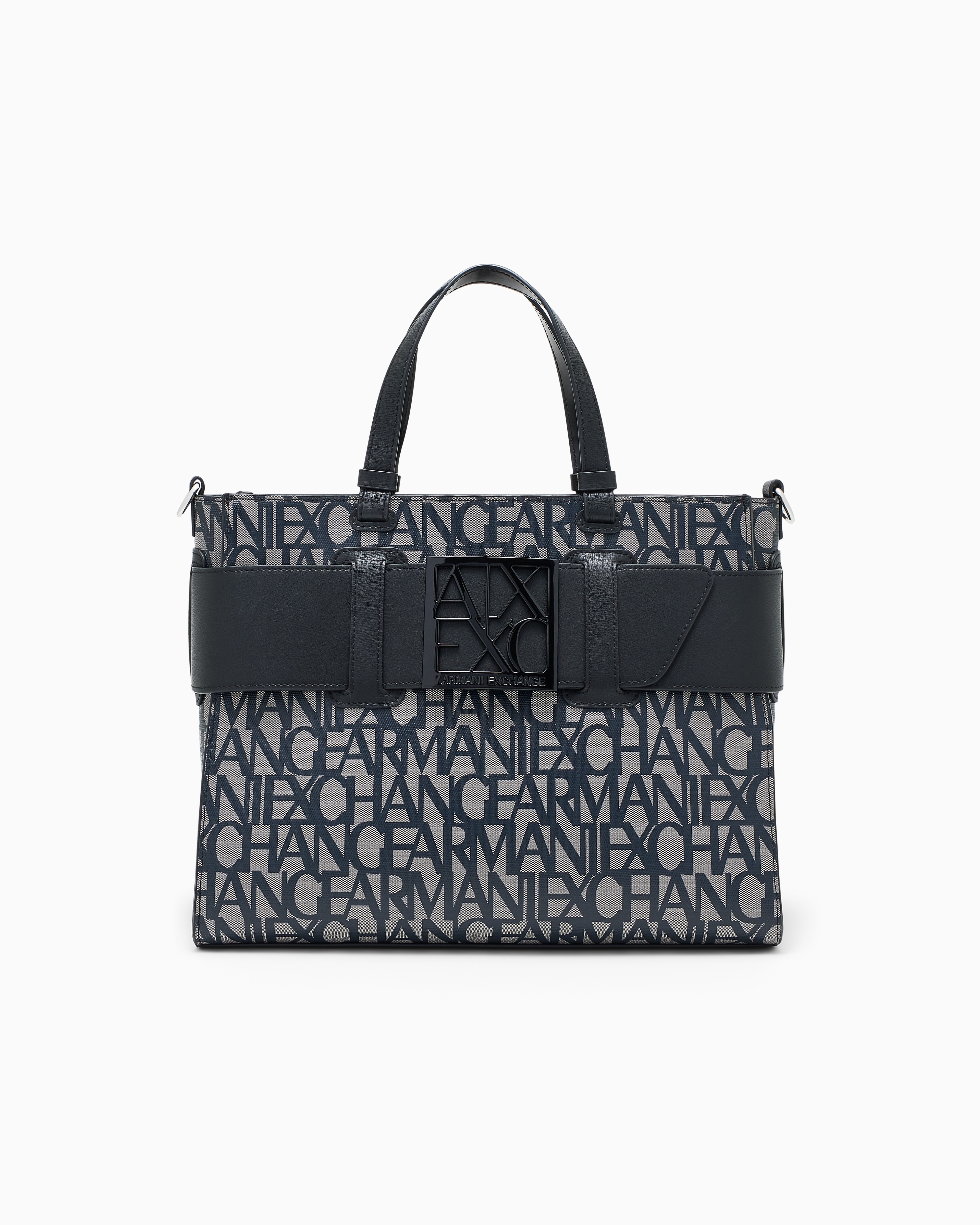 Armani Exchange Women's Black Shopping Bag In Coated Cotton With Monogram
