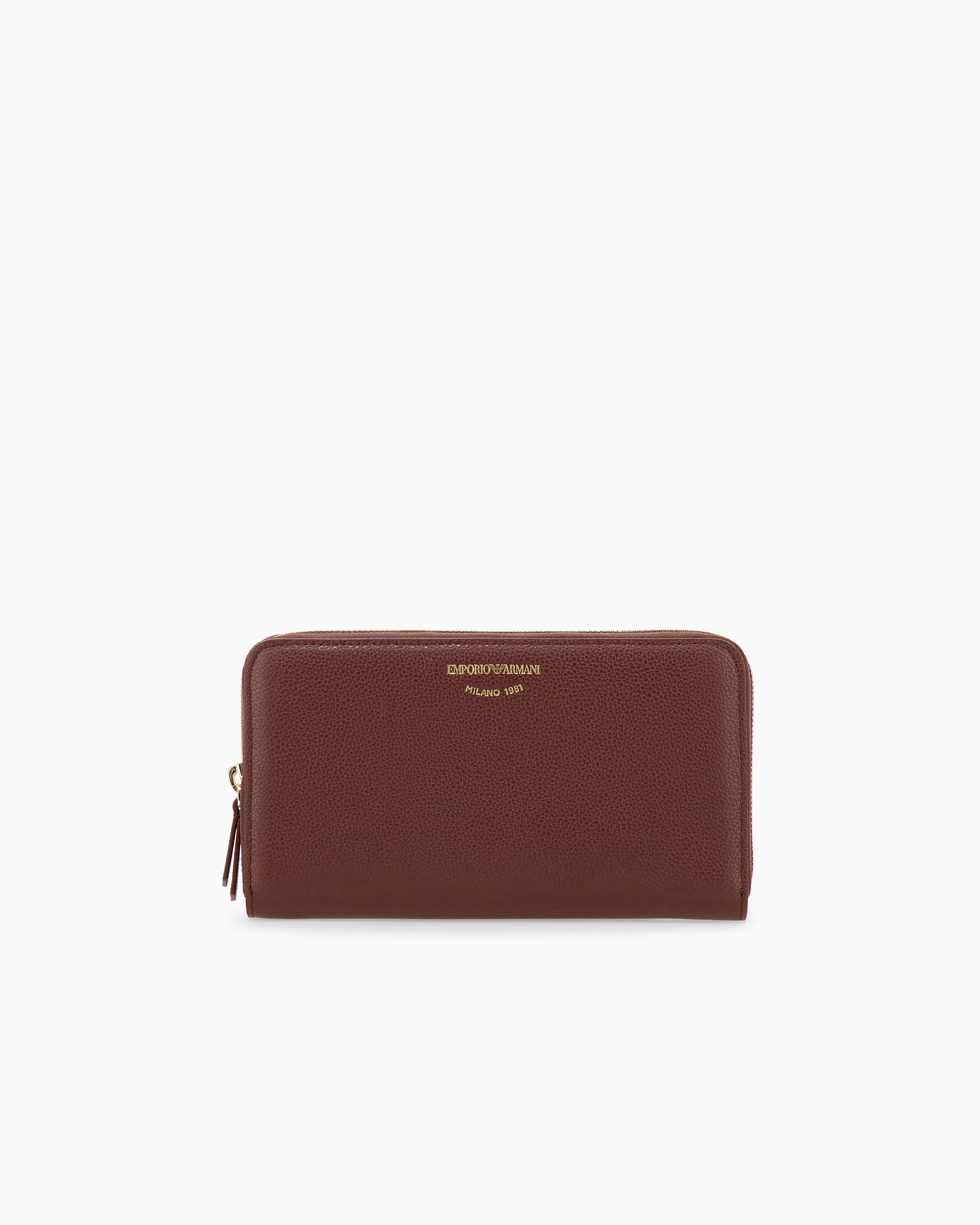 Emporio Armani Burgundy Wallet In Pebbled Leather With A Zip Around Closure