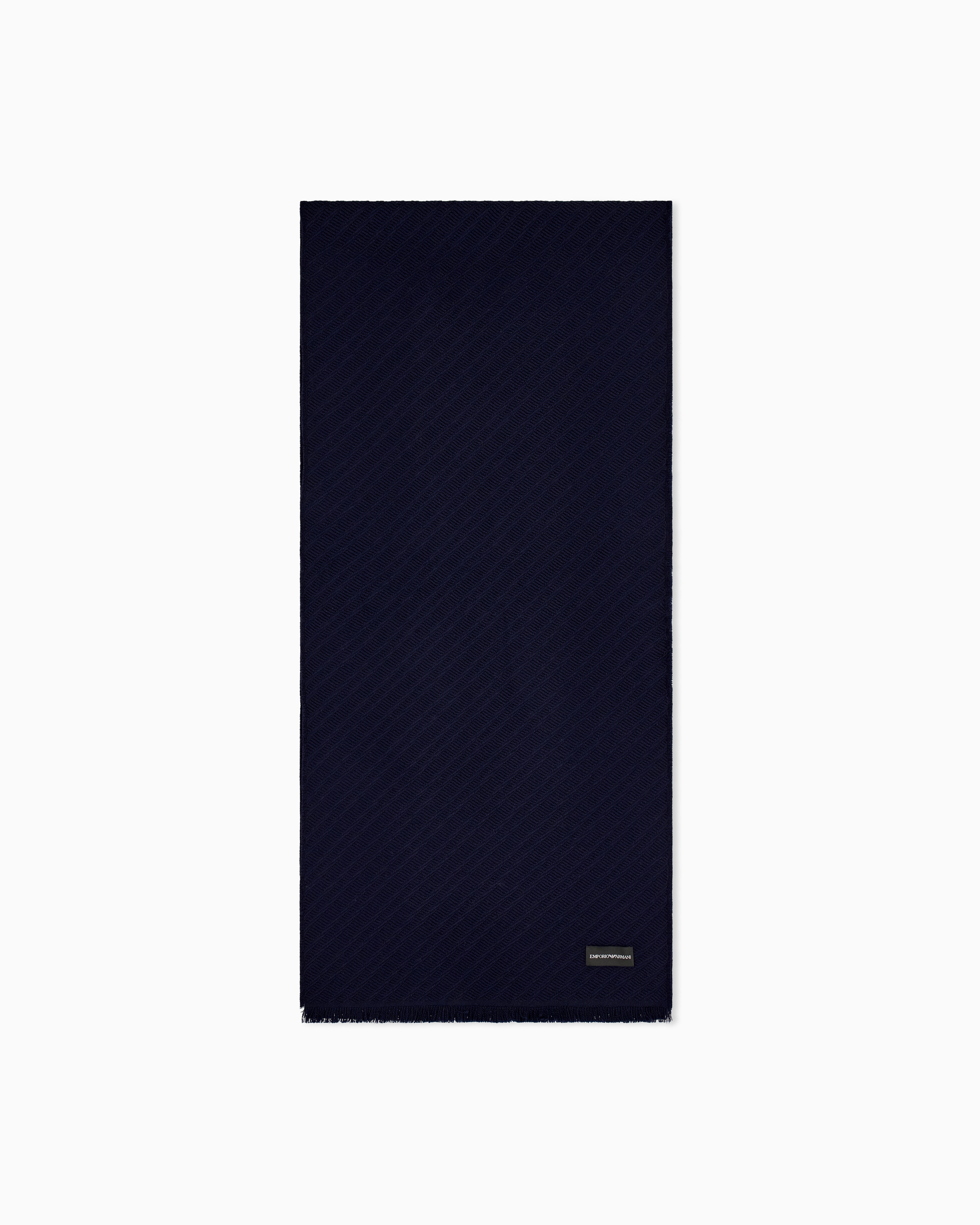 Emporio Armani Blue Virgin Wool Scarf With Herringbone Pattern And Fringe