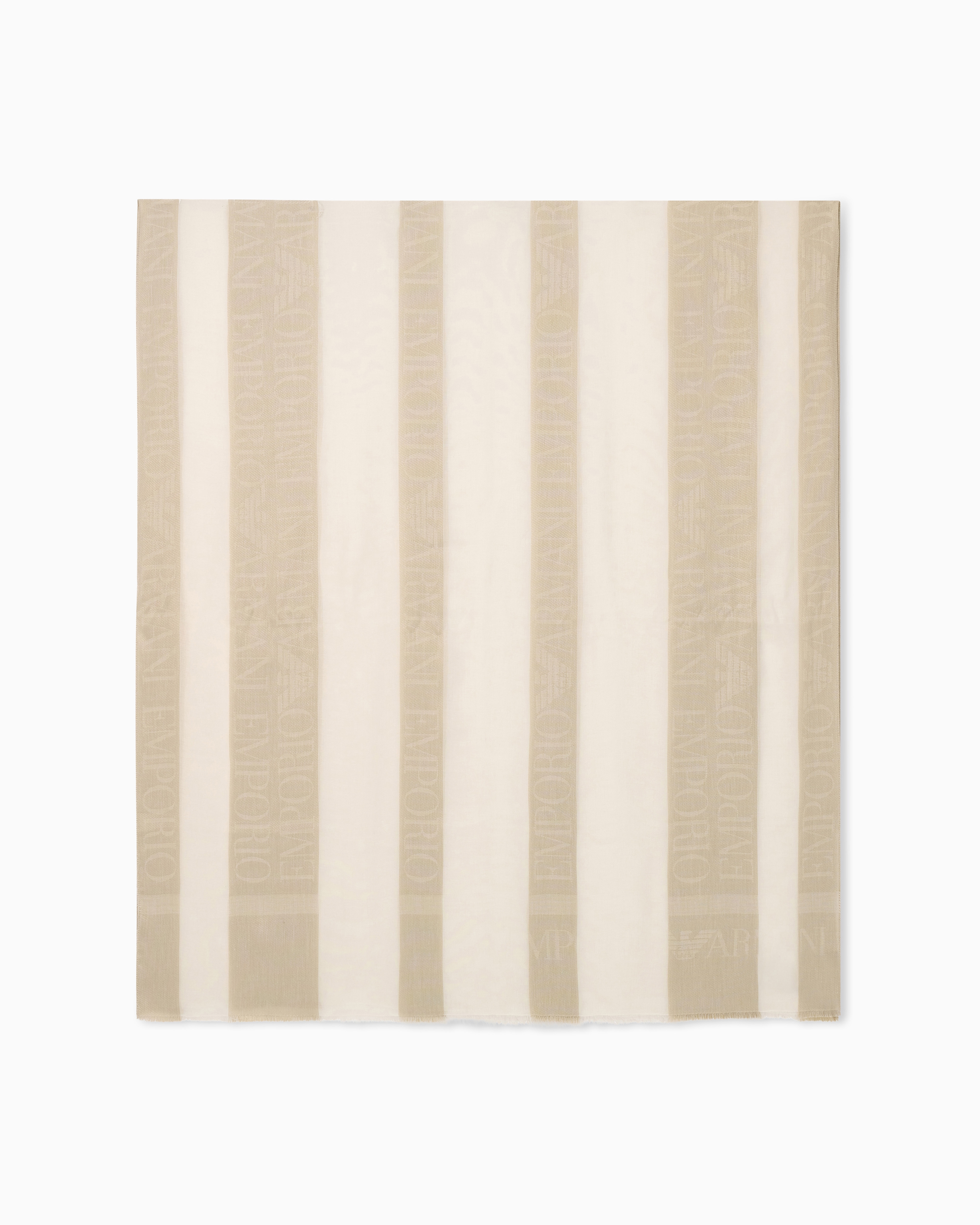 Emporio Armani White Striped Jacquard Cotton Acetate Stole With Fringe And Logo