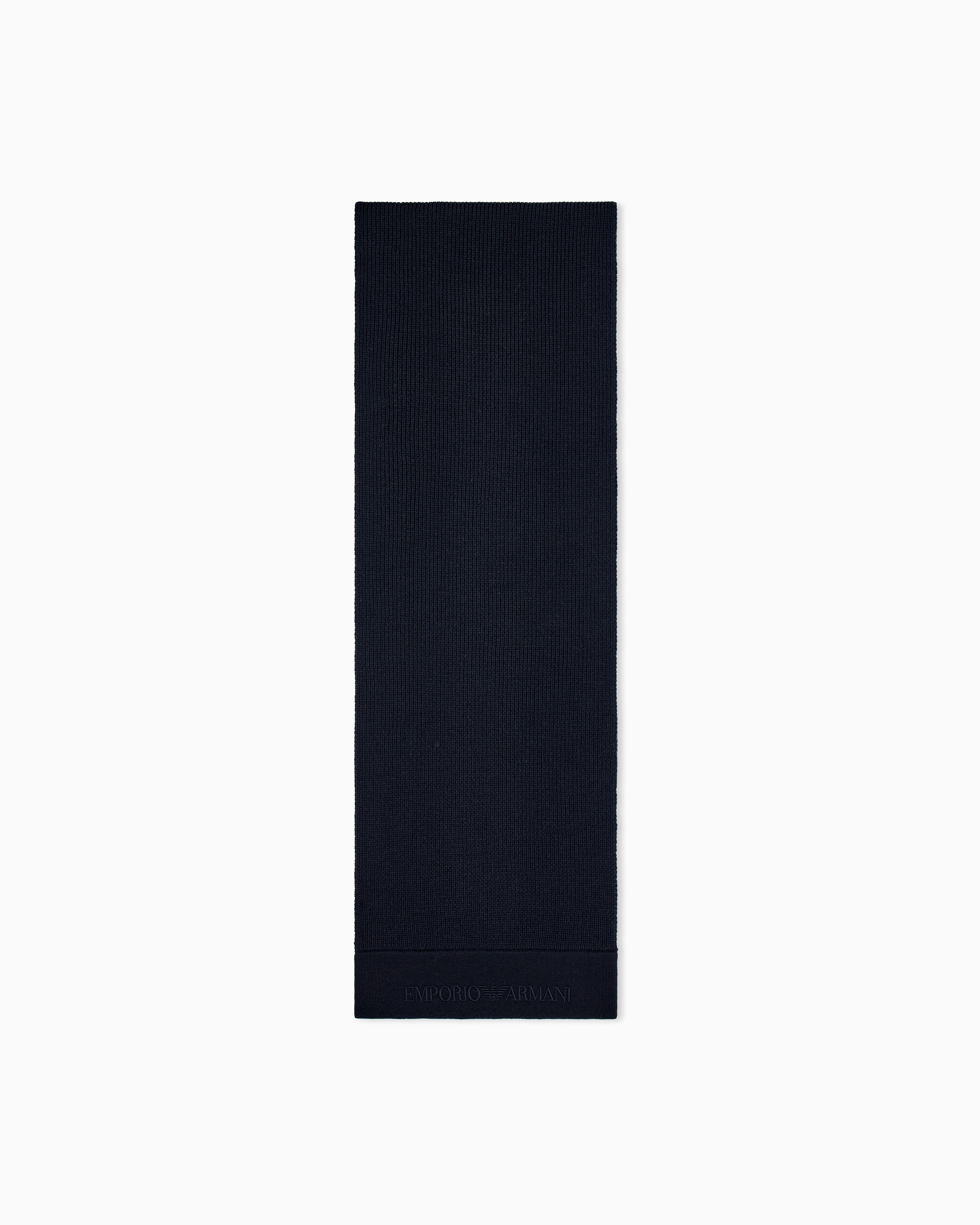 Emporio Armani Navy Blue Ribbed Virgin Wool Scarf With An Embossed Logo