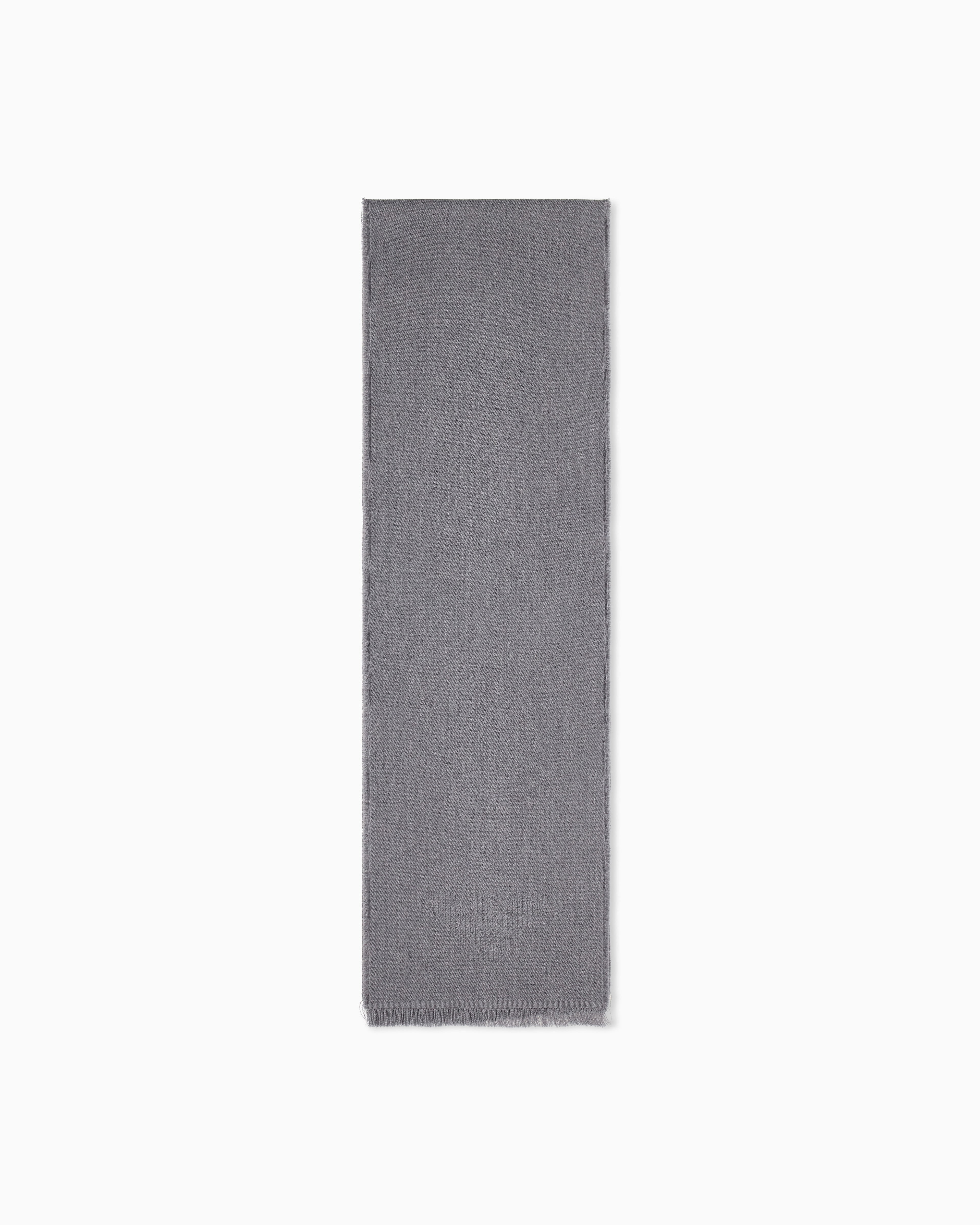 Emporio Armani Grey Virgin Wool Scarf With A Woven Logo And Fringed Edges