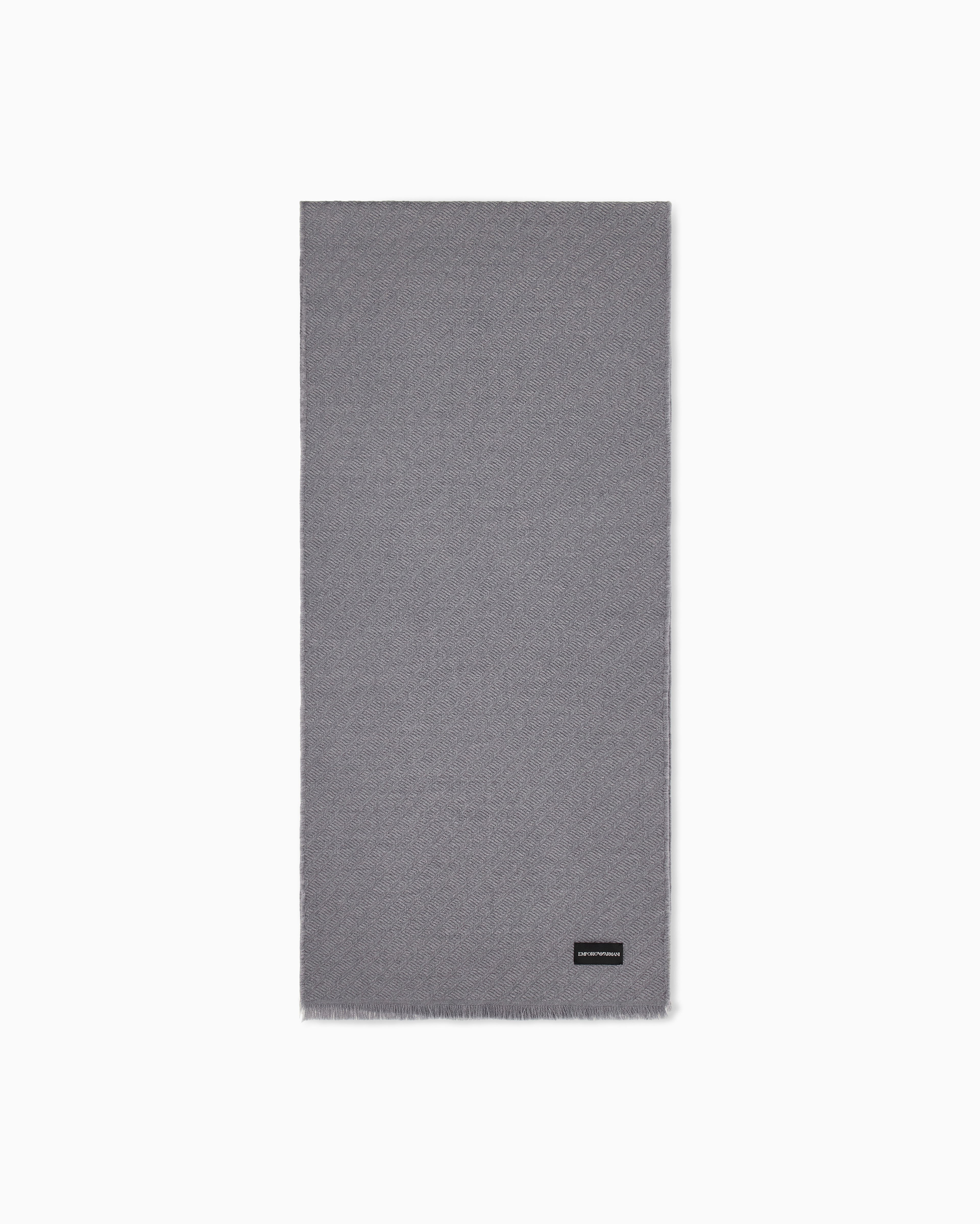 Emporio Armani Grey Virgin Wool Scarf With Herringbone Pattern And Fringe