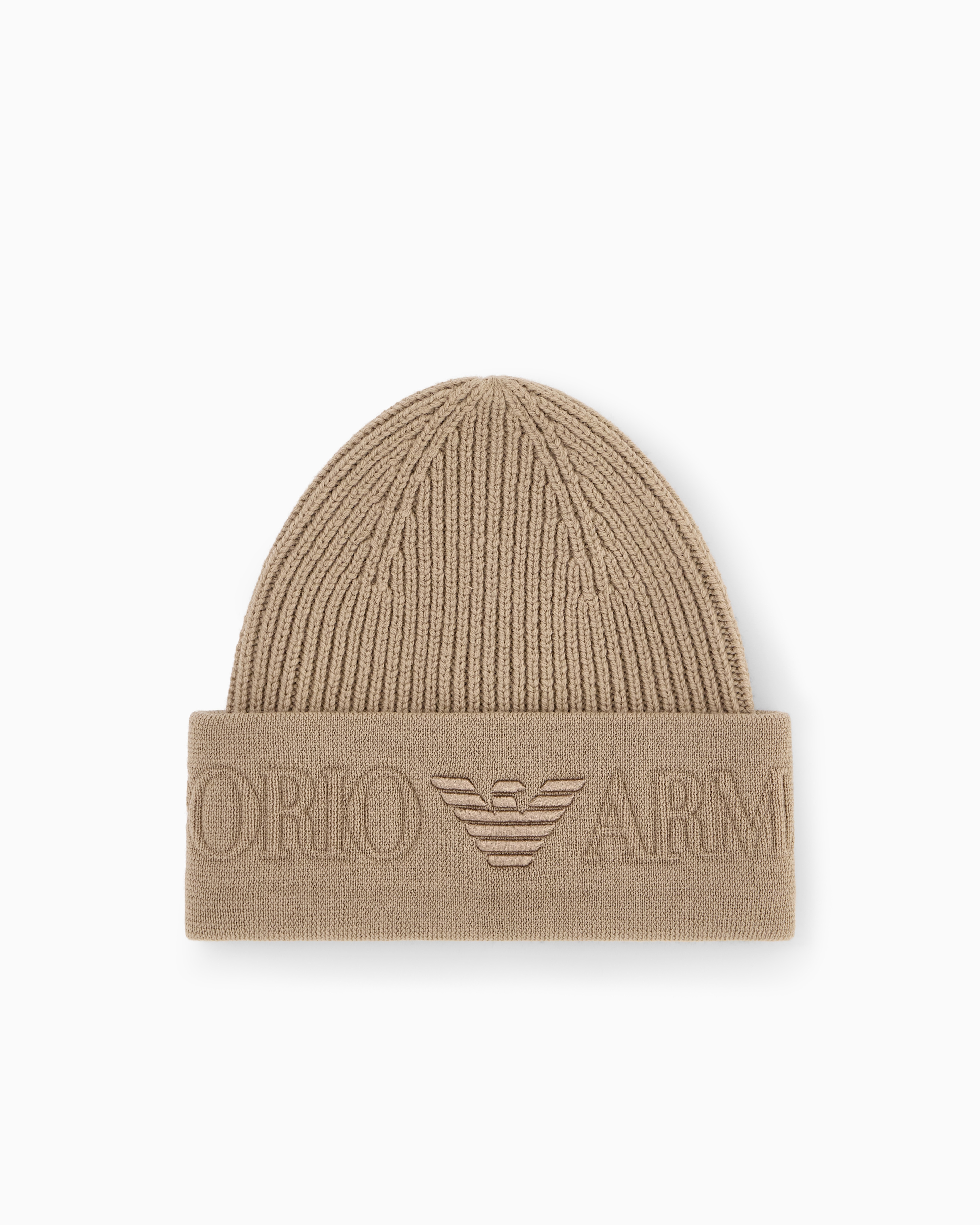 Emporio Armani Brown Beanie Hat In Ribbed Virgin Wool With Embossed Logo On Cuff