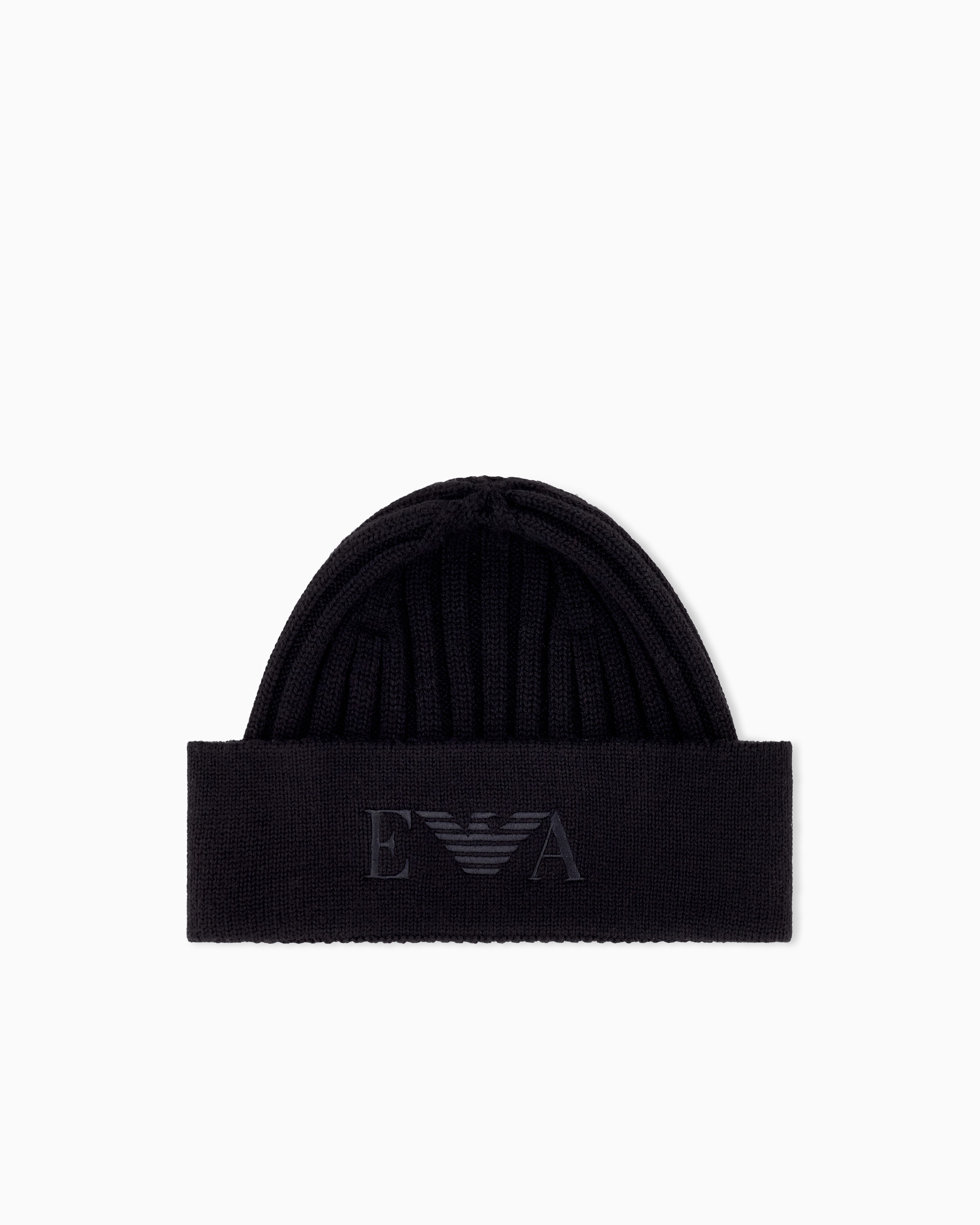 Emporio Armani Black Ribbed Virgin Wool Beanie With A Folded Cuff And Embroidery