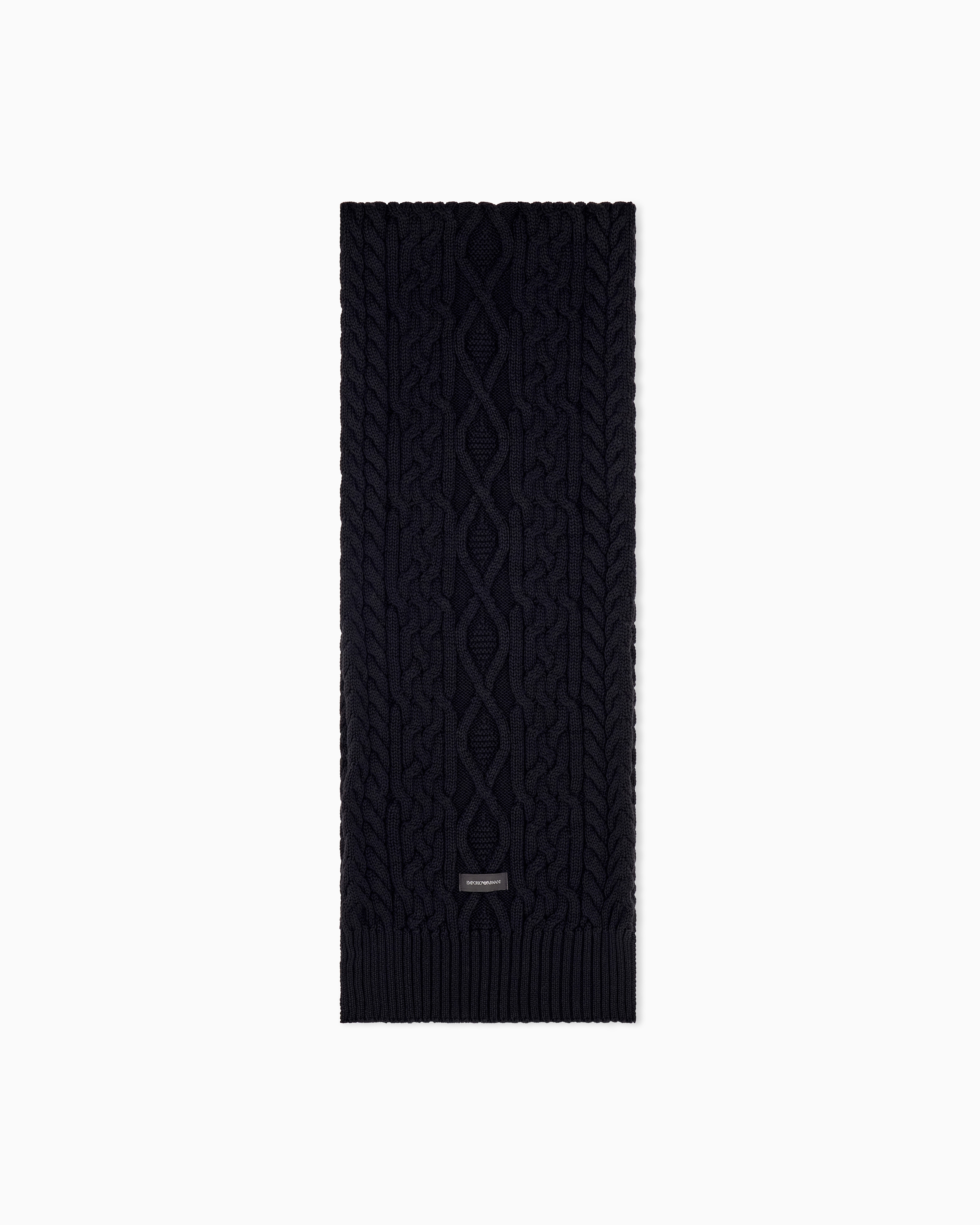 Emporio Armani Black Virgin Wool Scarf With Cable Knit And Ribbed Edges
