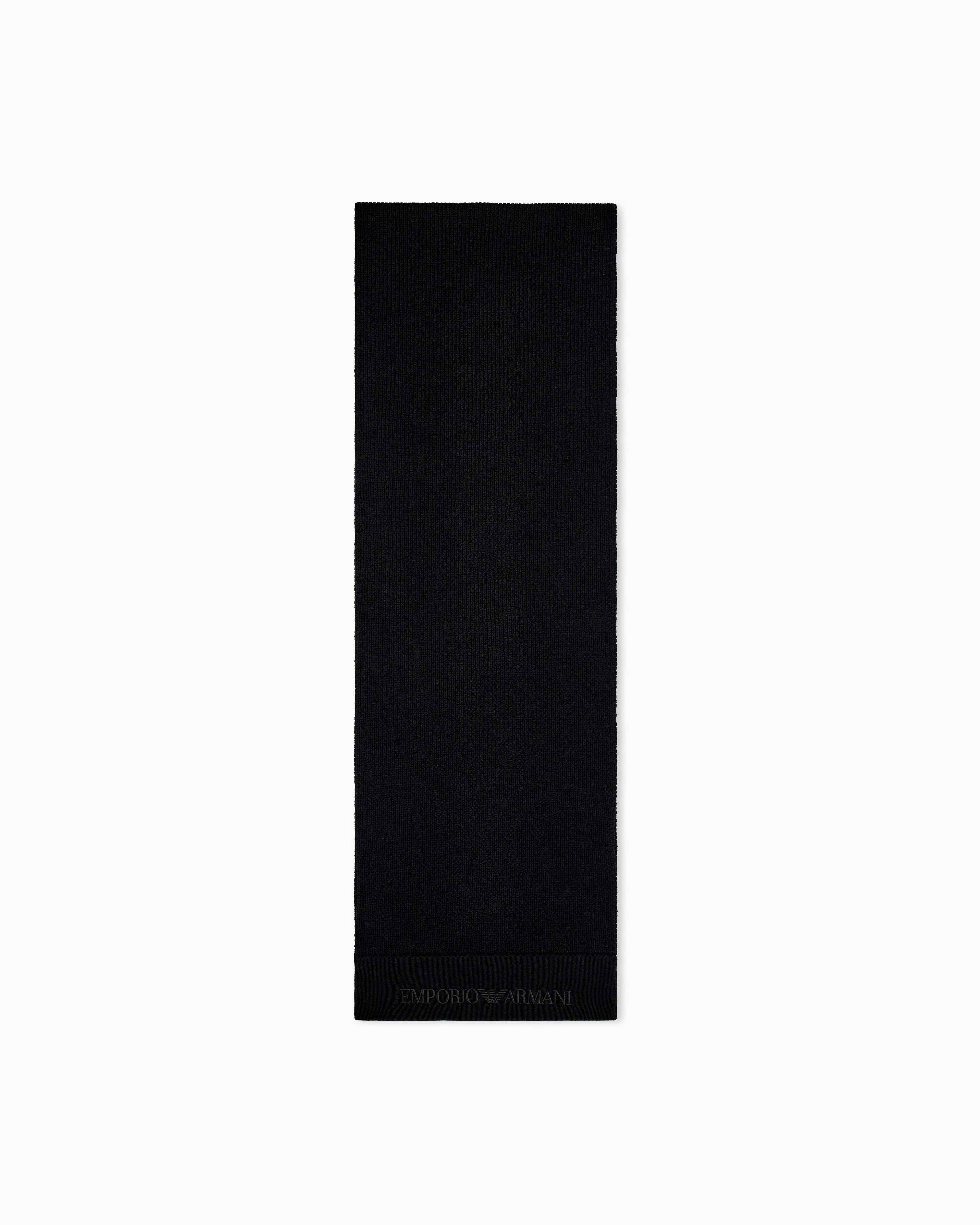 Emporio Armani Black Ribbed Virgin Wool Scarf With An Embossed Logo