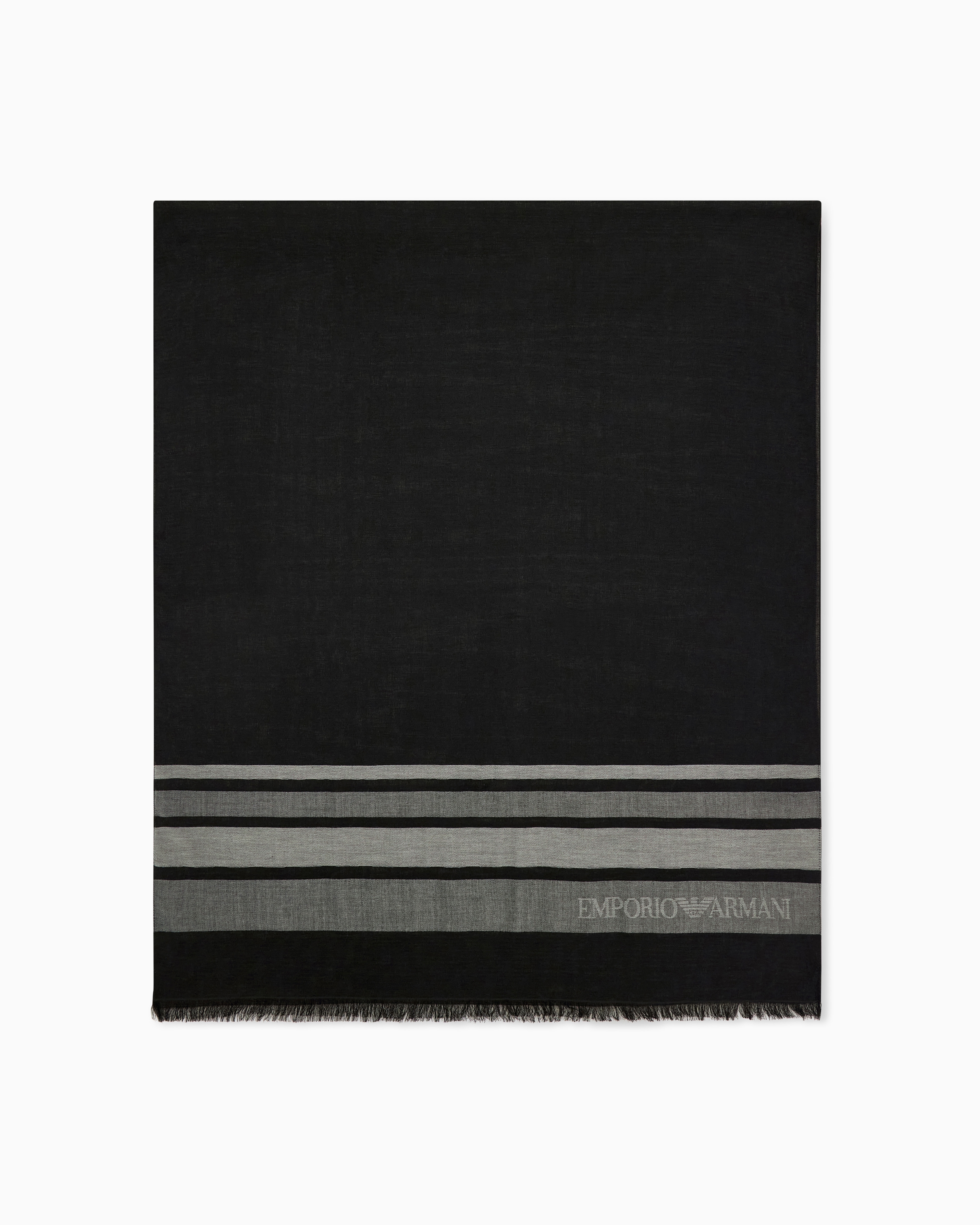 Emporio Armani Black Stole In Striped Modal And Viscose With Delicate Fringe