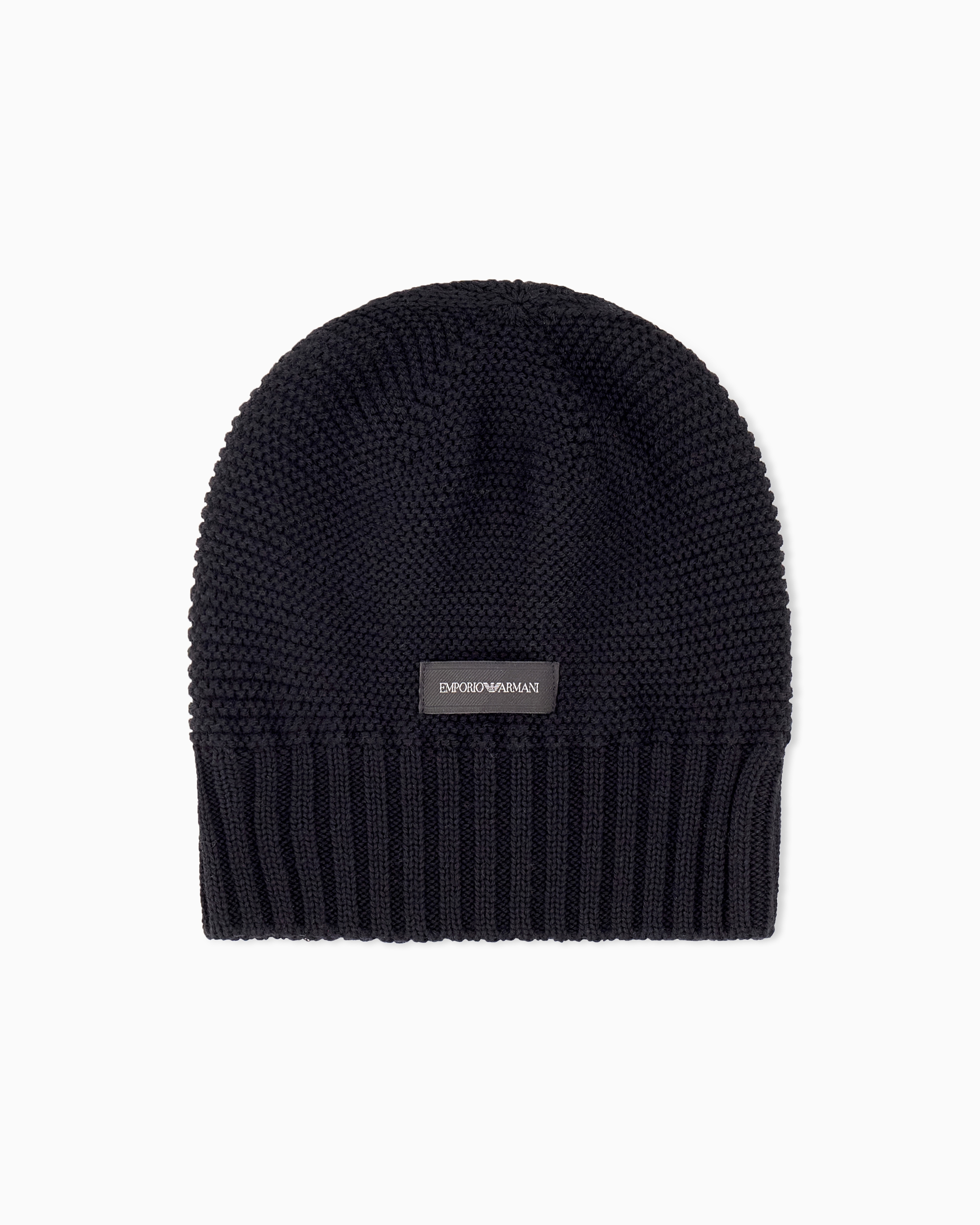 Emporio Armani Black Virgin Wool Cable Knit Beanie With A Ribbed Bottom