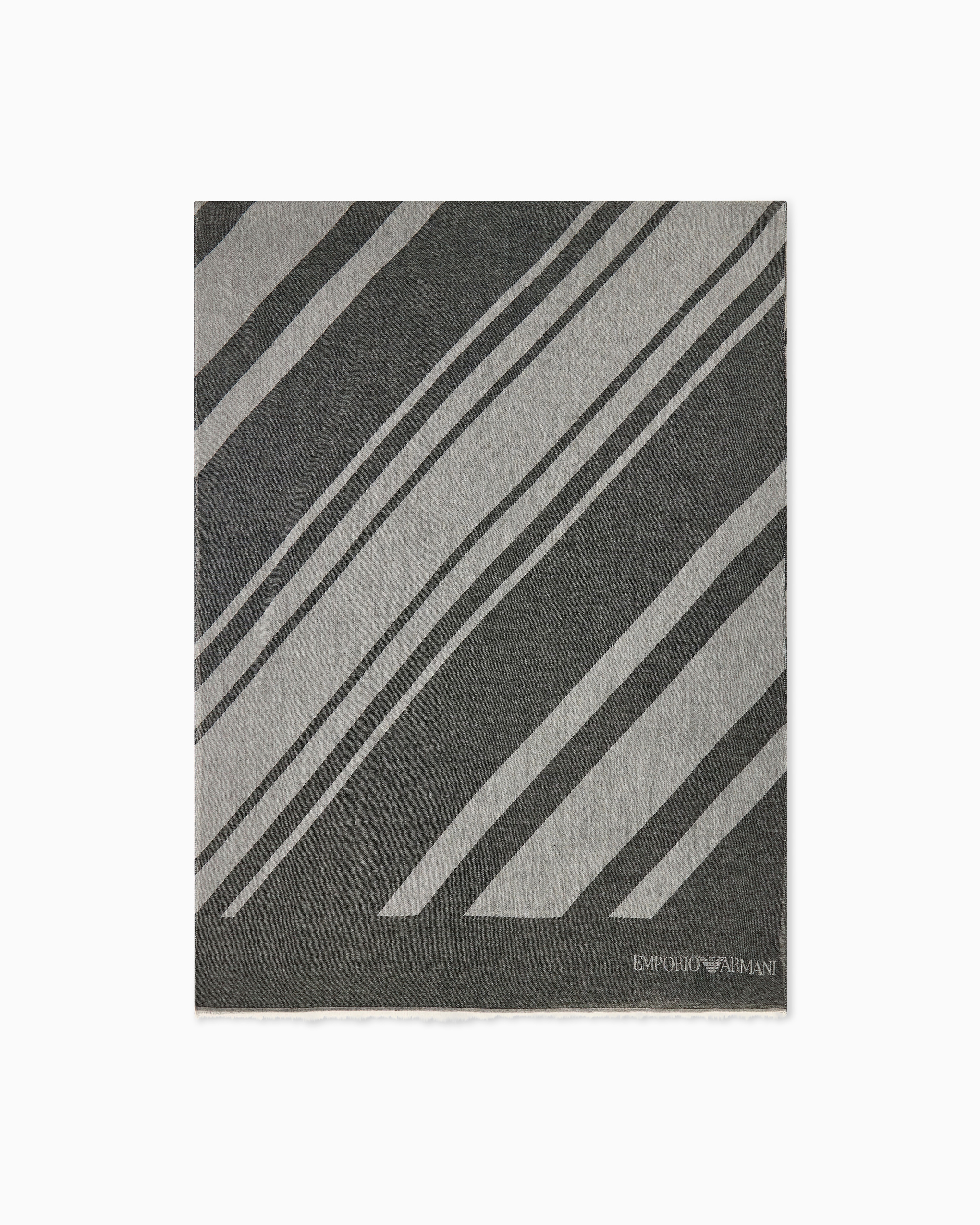 Emporio Armani Black Stole With Diagonal Stripes And Fringes
