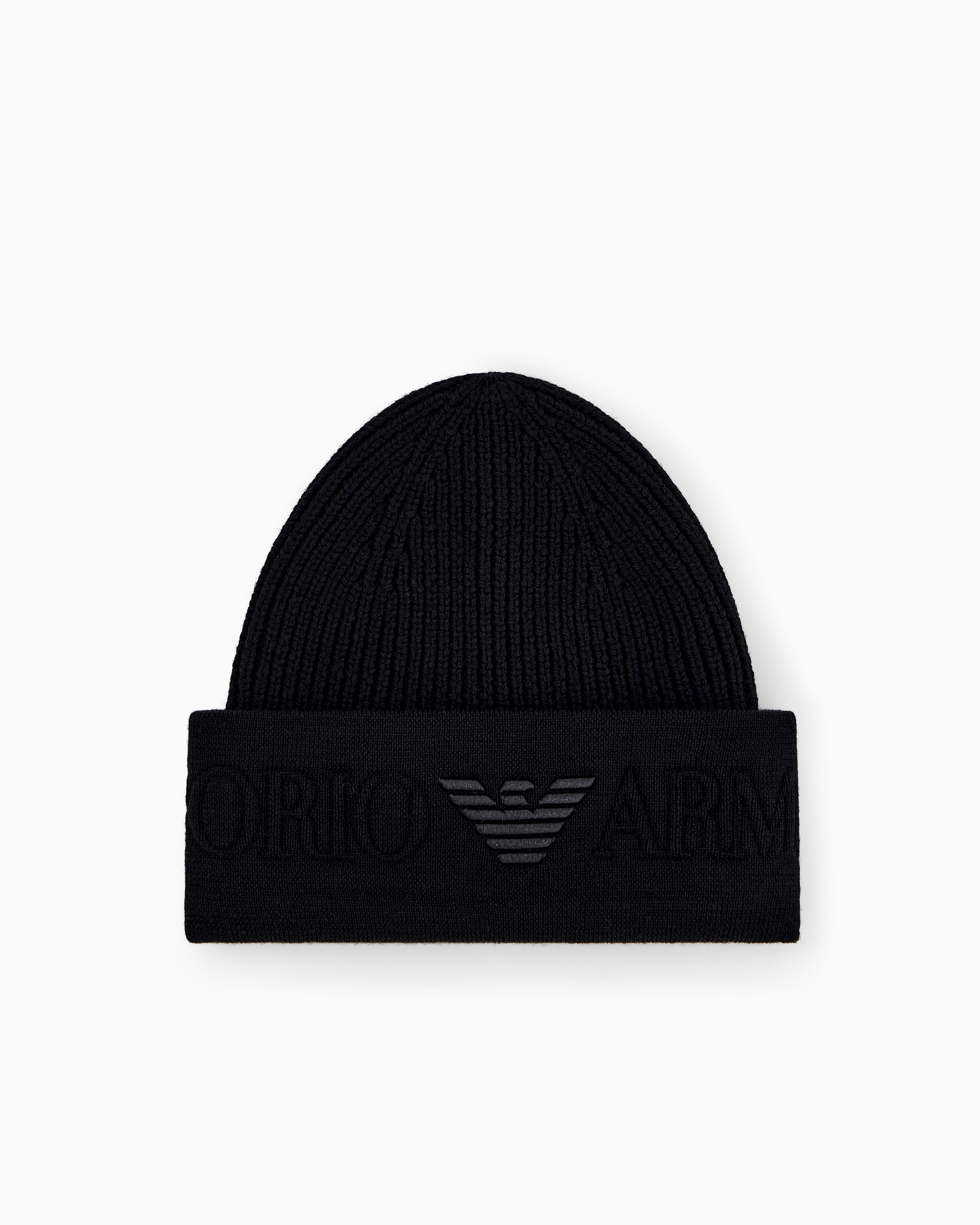 Emporio Armani Black Beanie Hat In Ribbed Virgin Wool With Embossed Logo On Cuff