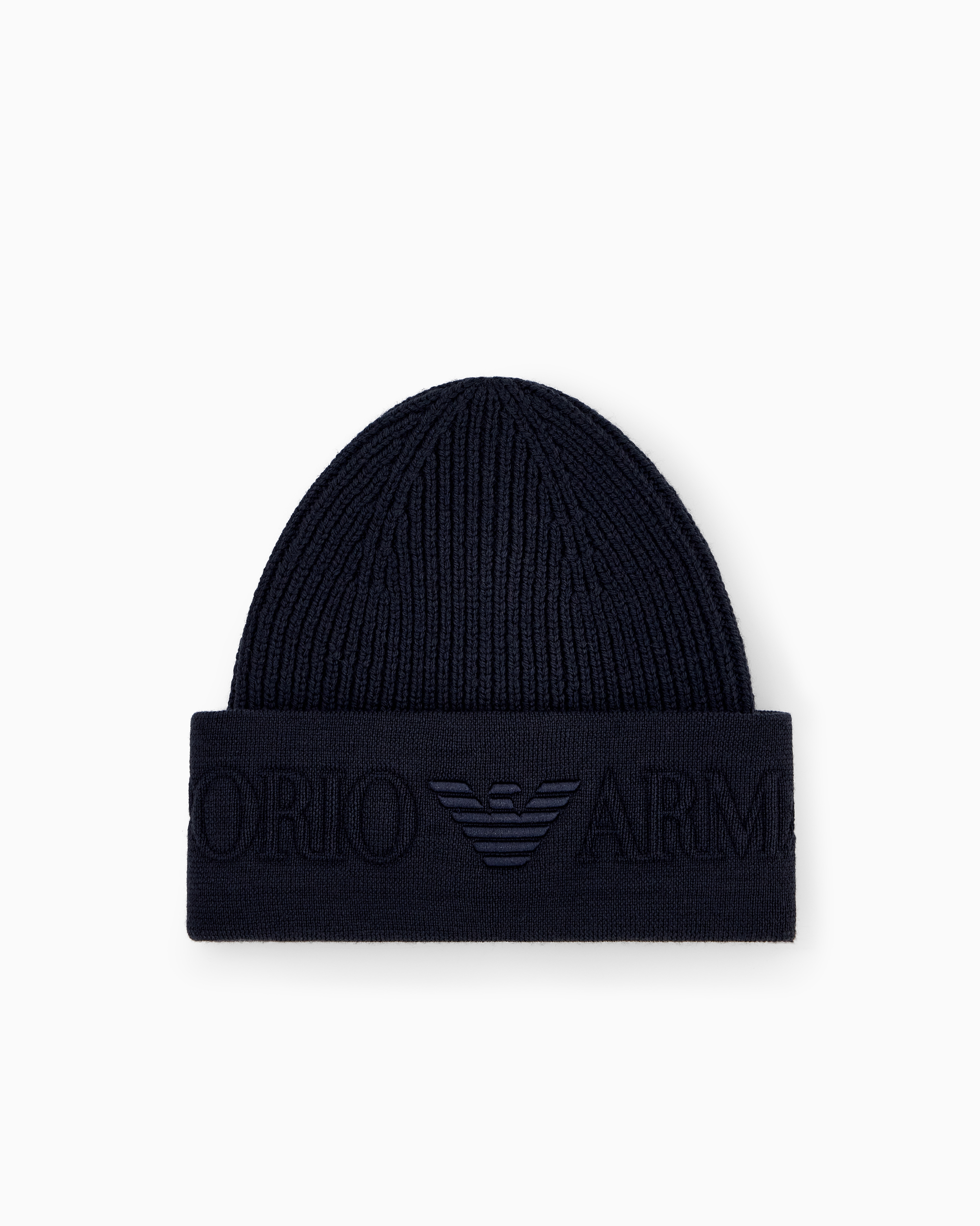 Emporio Armani Navy Blue Beanie Hat In Ribbed Virgin Wool With Embossed Logo On Cuff