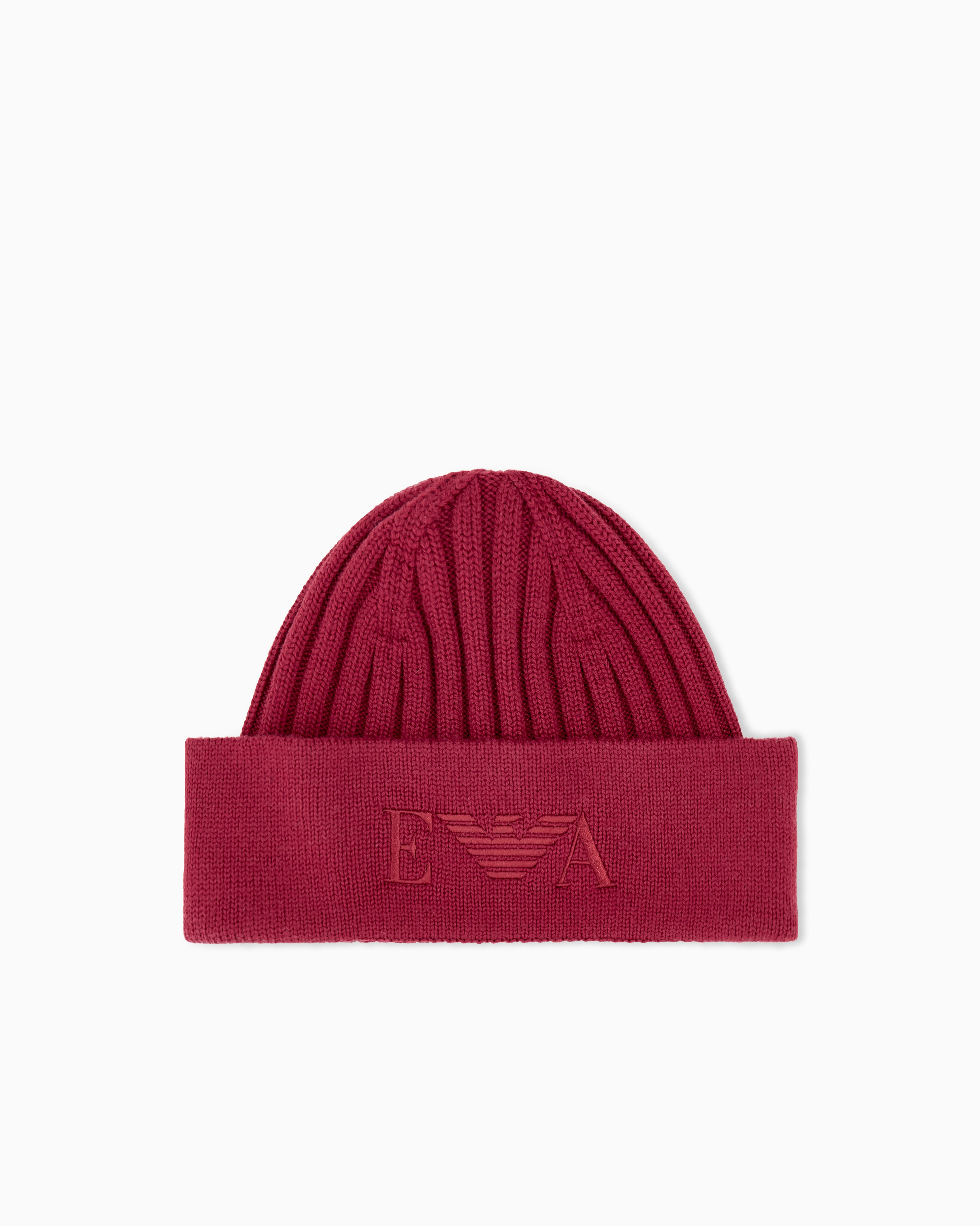 Emporio Armani Red Ribbed Virgin Wool Beanie With A Folded Cuff And Embroidery