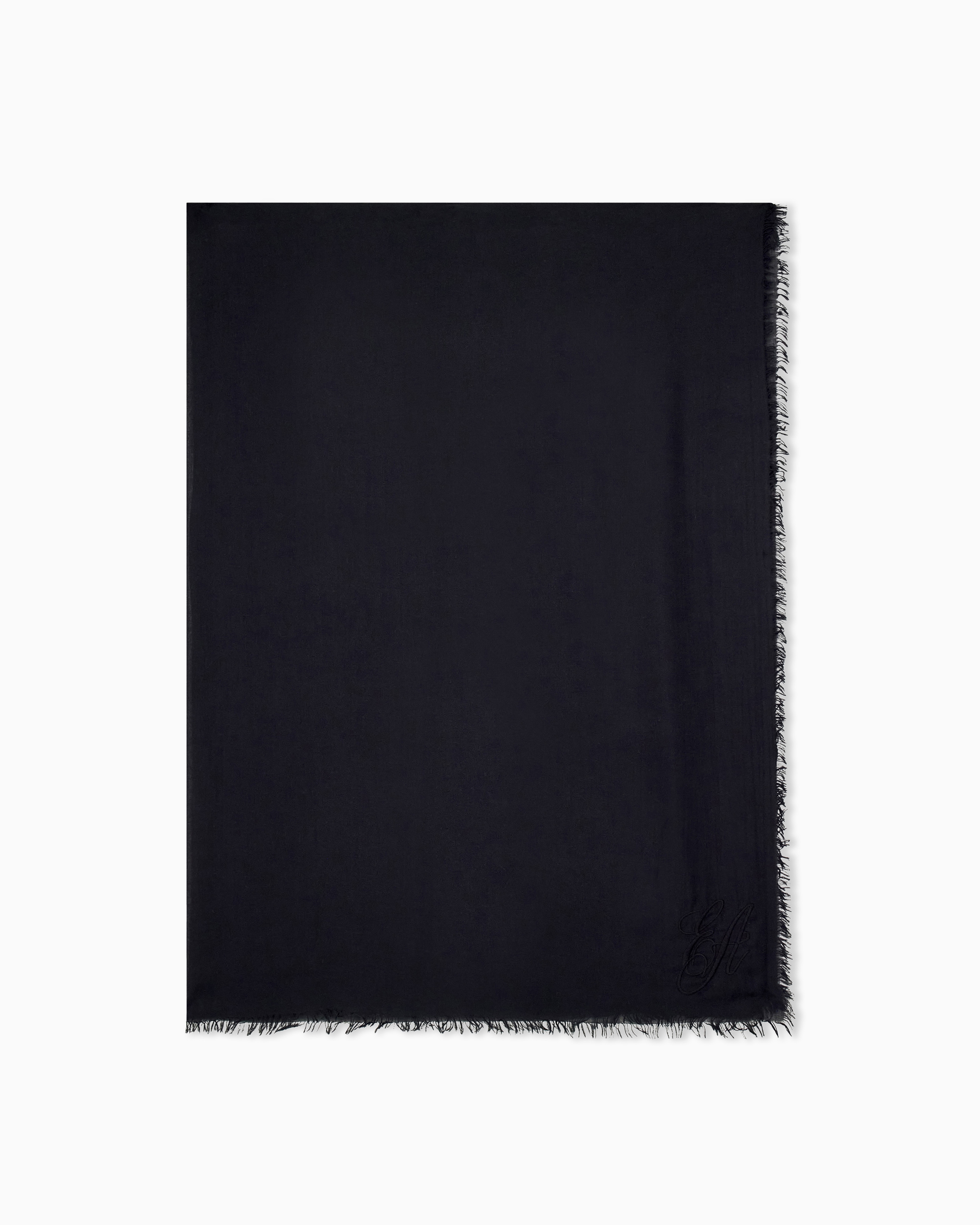 Emporio Armani Black Stole In Modal And Cashmere With Embroidery And Fringe