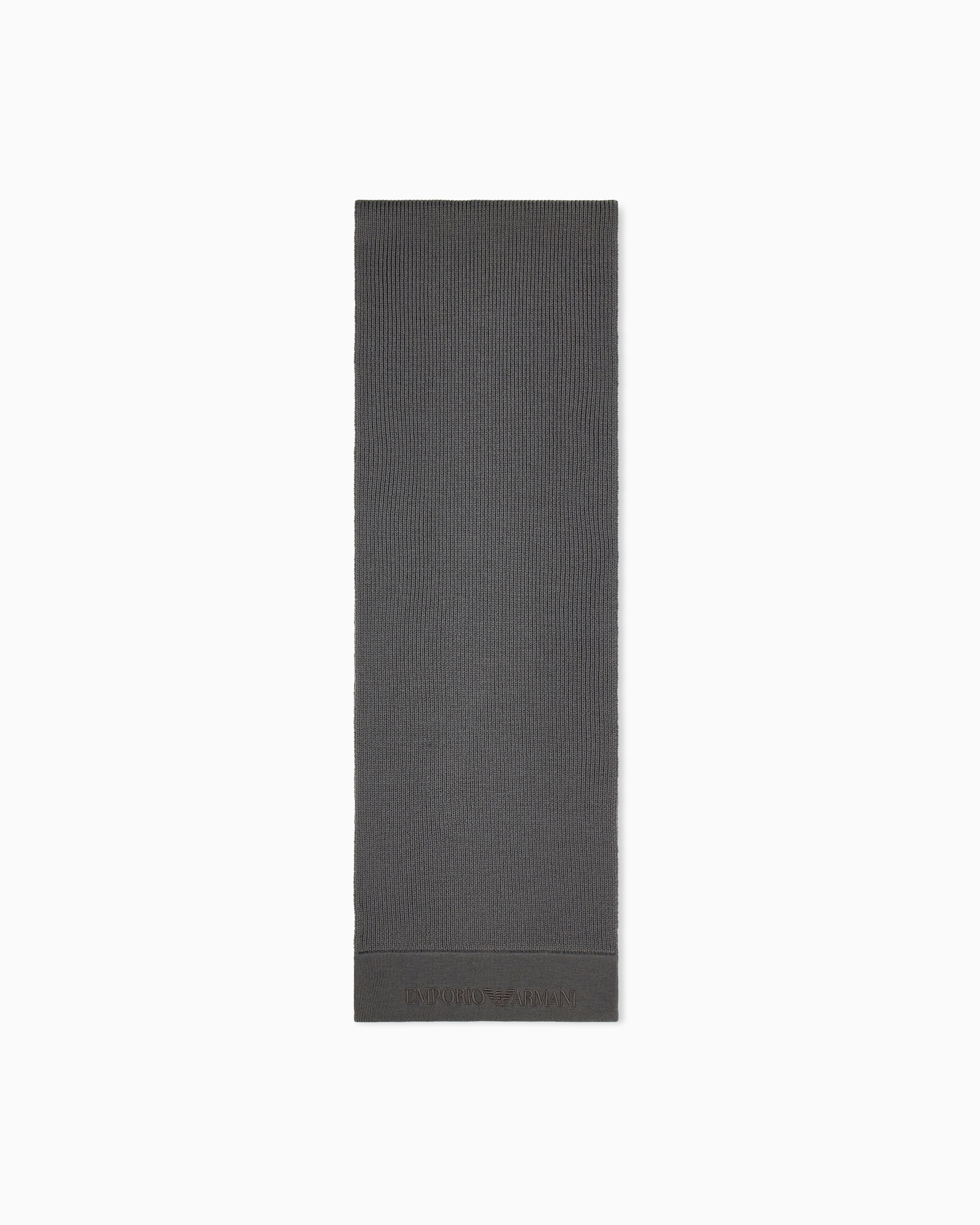 Emporio Armani Grey Ribbed Virgin Wool Scarf With An Embossed Logo