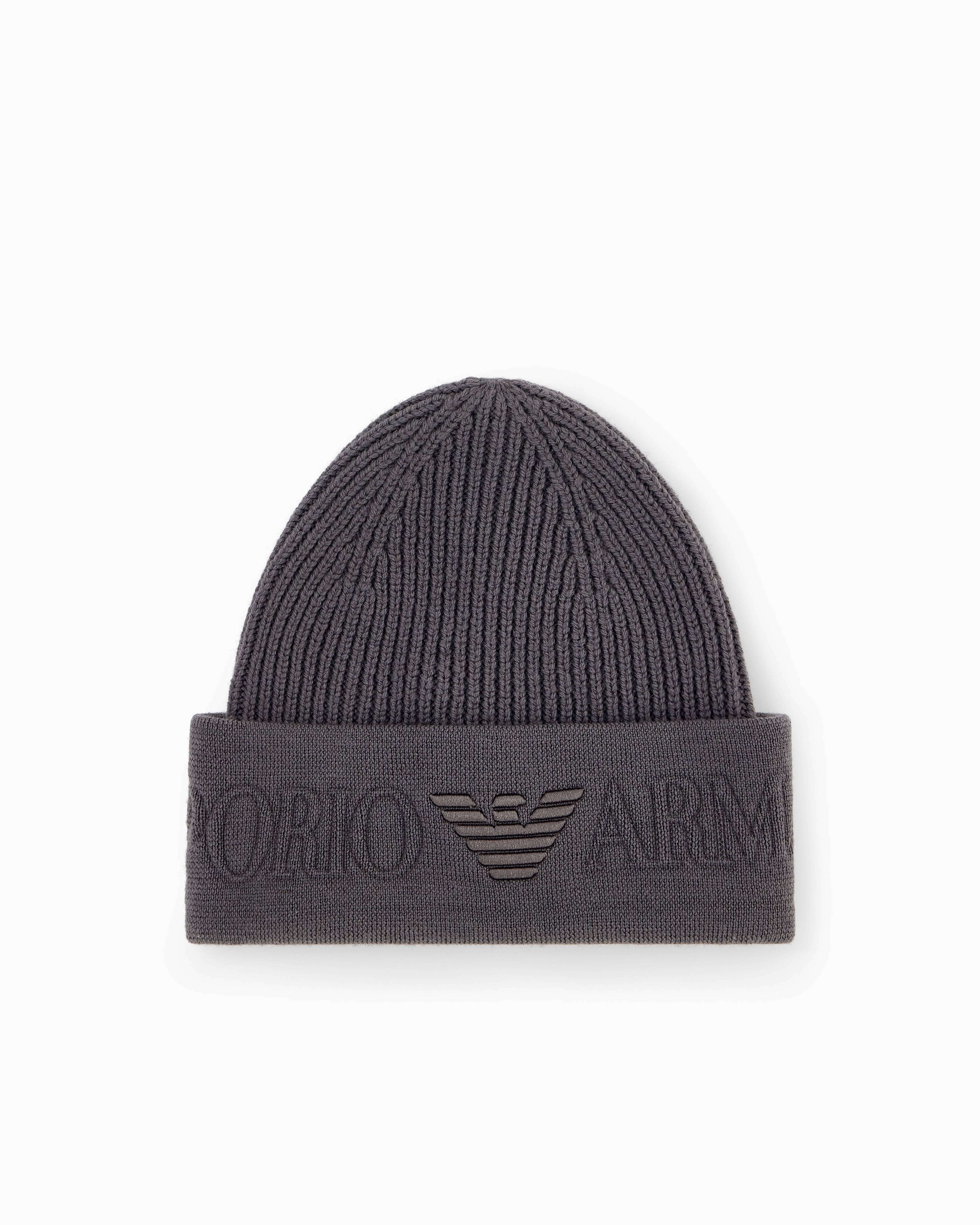 Emporio Armani Grey Beanie Hat In Ribbed Virgin Wool With Embossed Logo On Cuff