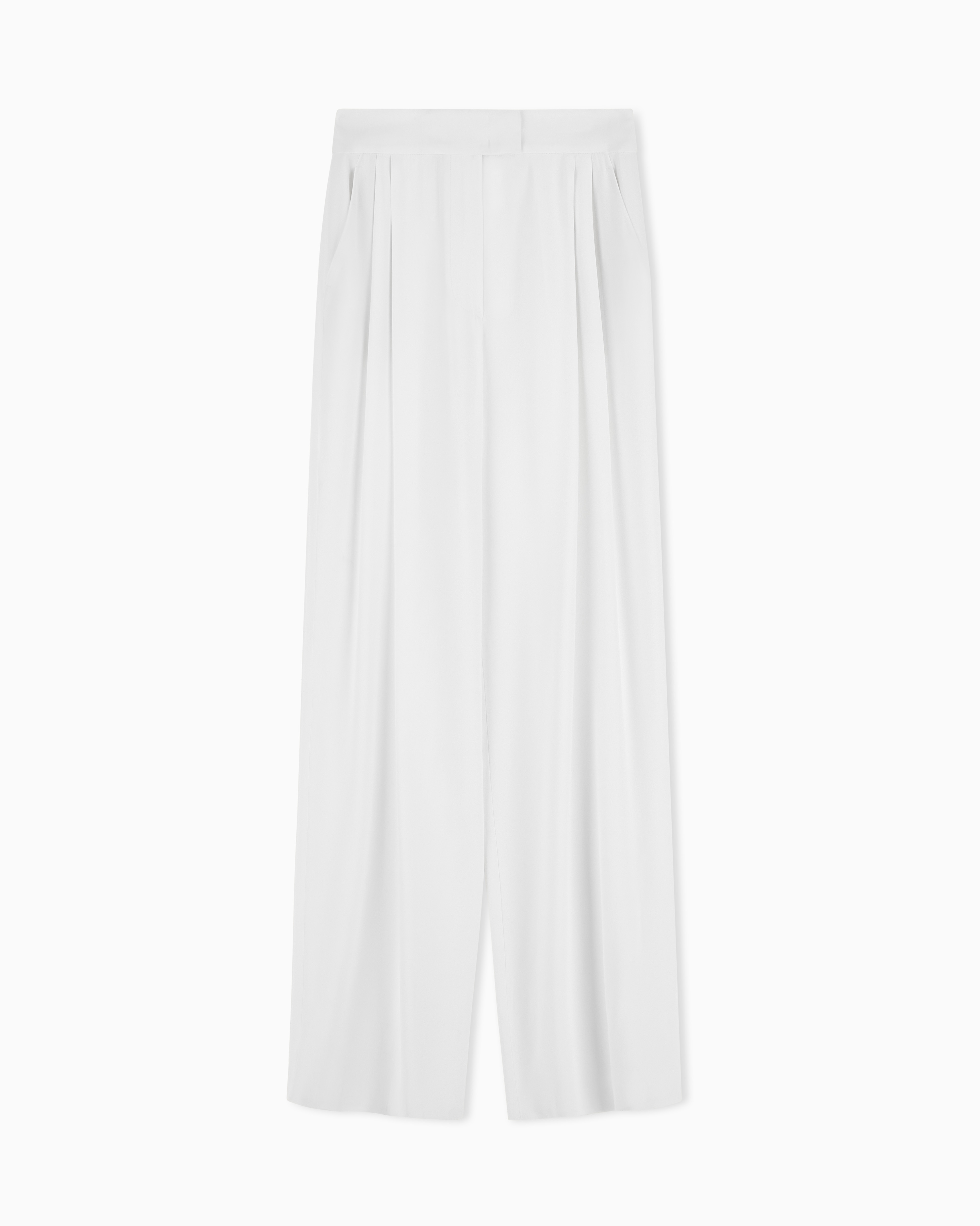 Emporio Armani White Wide Leg Trousers In Envers Satin With Pleats Essential