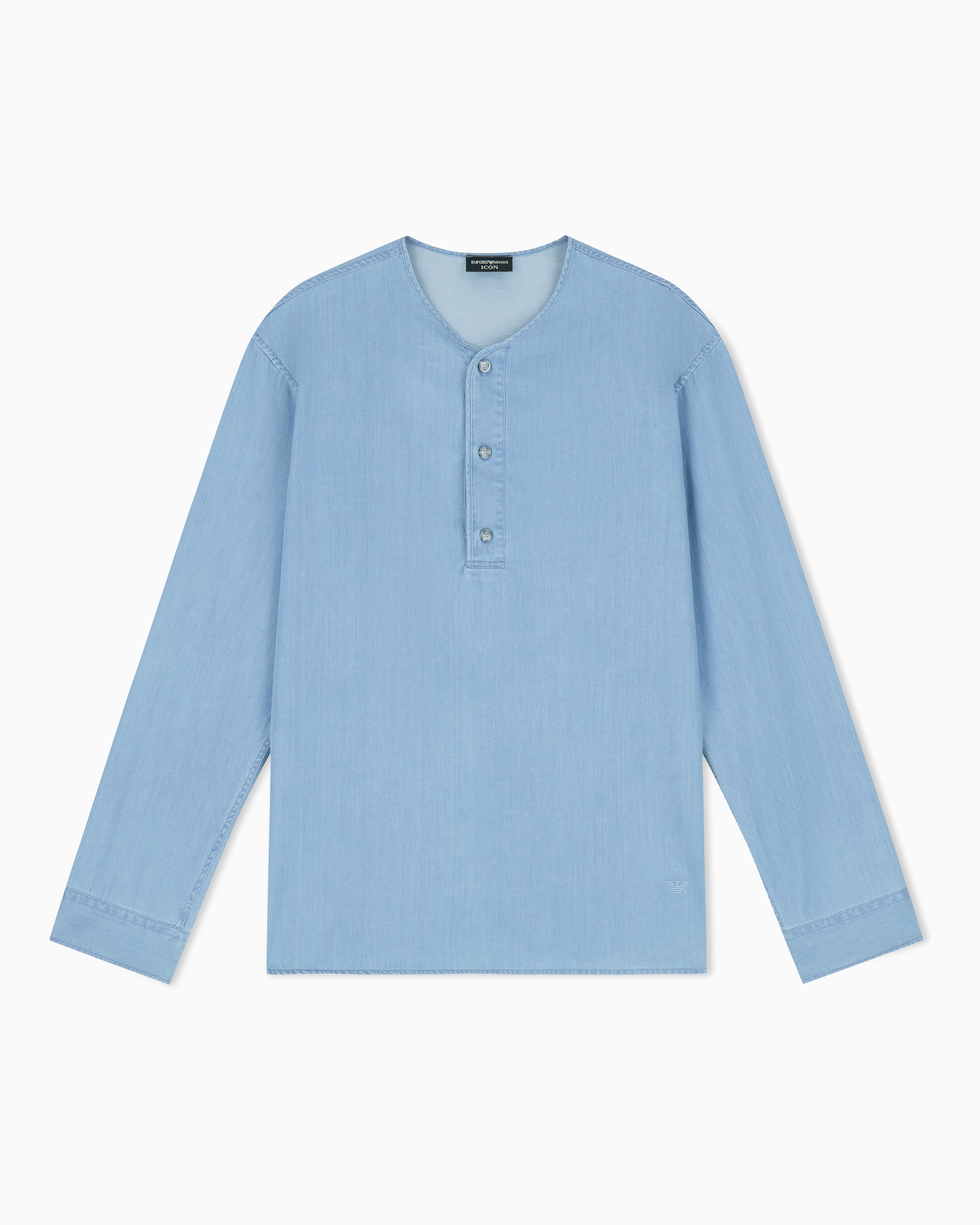 Emporio Armani Blue Icon Lightweight Denim Shirt With Henley Collar