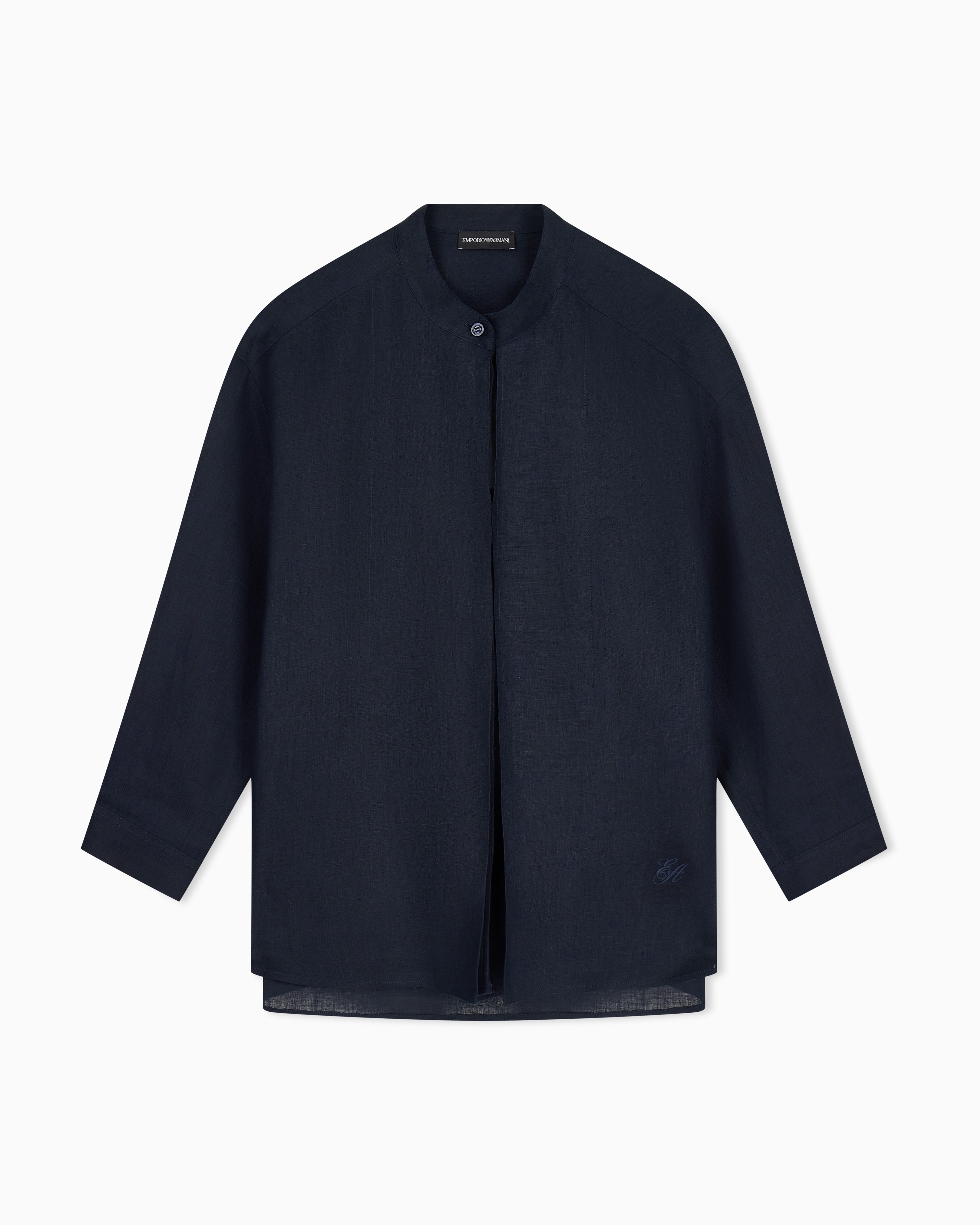 Emporio Armani Navy Blue Pure Linen Shirt With Guru Collar