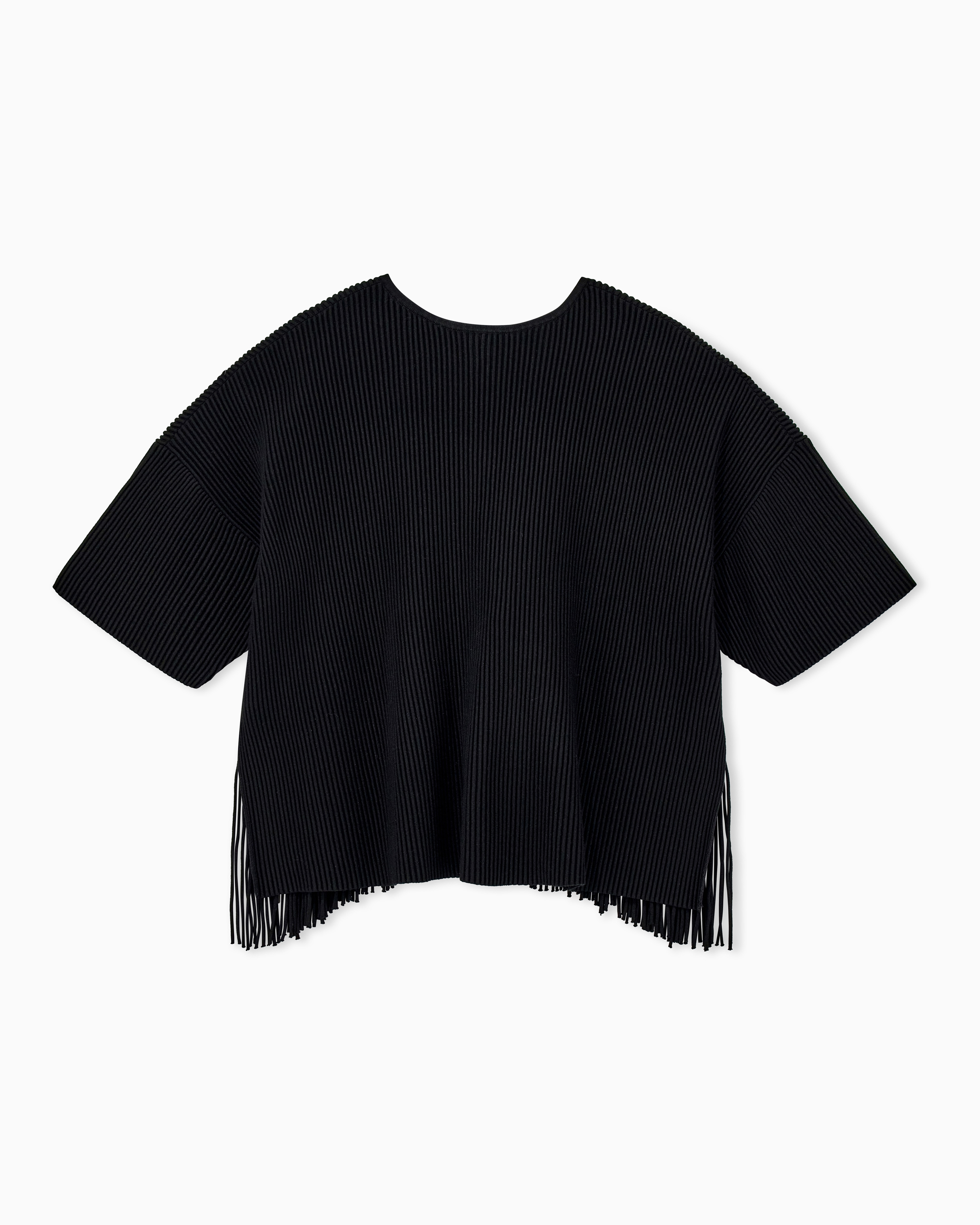 Emporio Armani Black Cardigan In Viscose Ottoman With Round Neck And Fringe