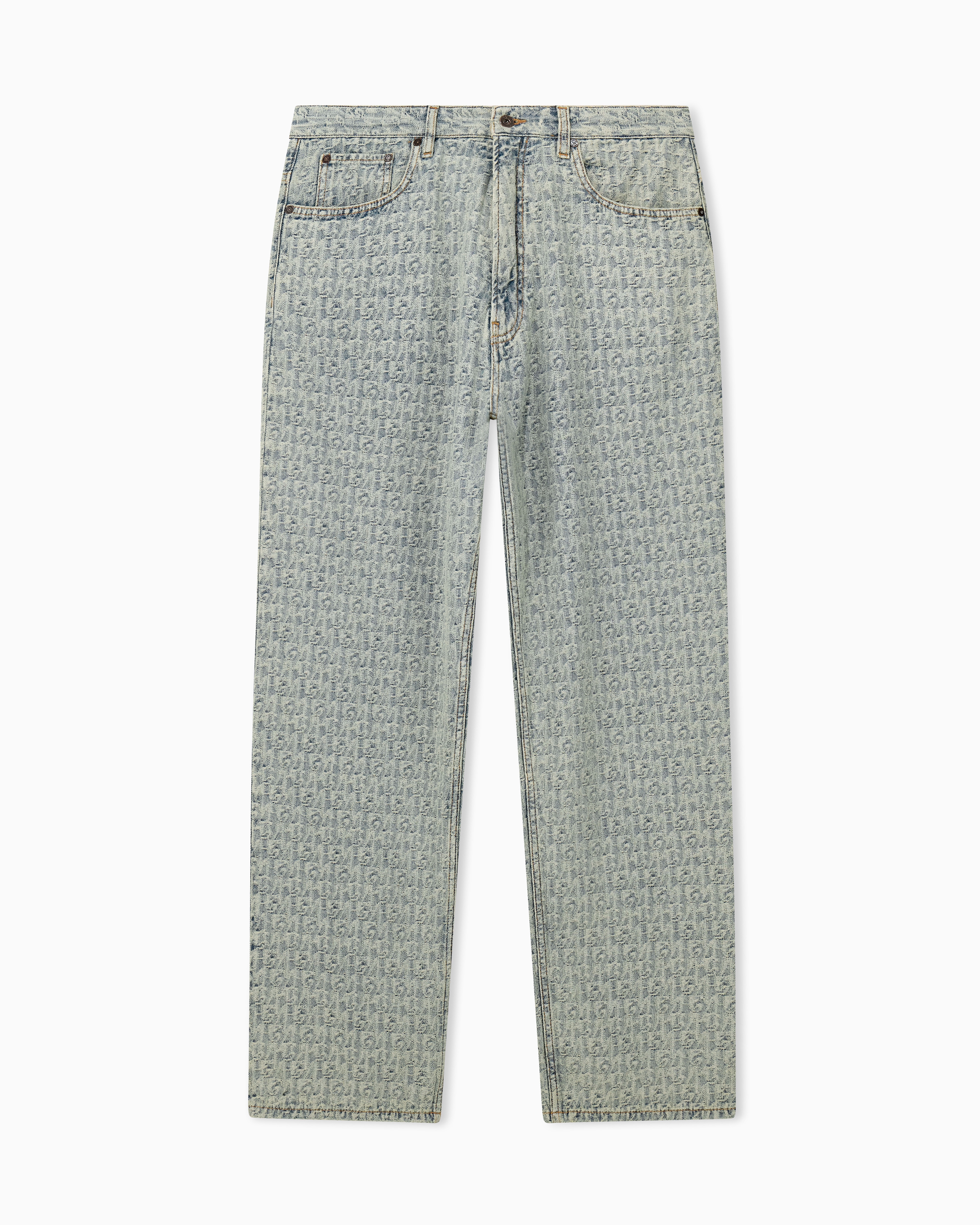 Emporio Armani Blue Five-Pocket Jacquard Denim Jeans With A Monogram Pattern