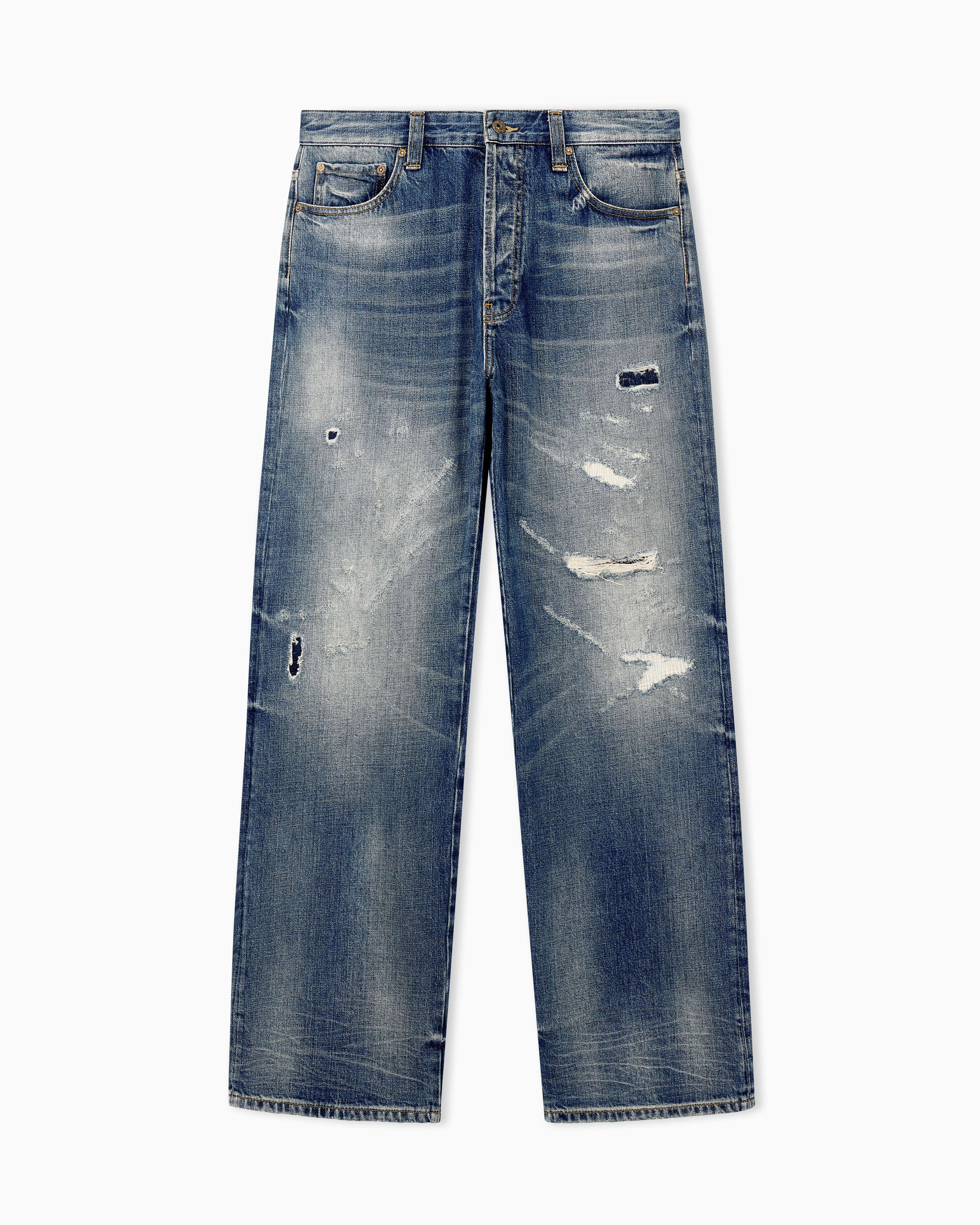 Emporio Armani Blue Five-Pocket Cotton Denim Jeans With Destroyed Details