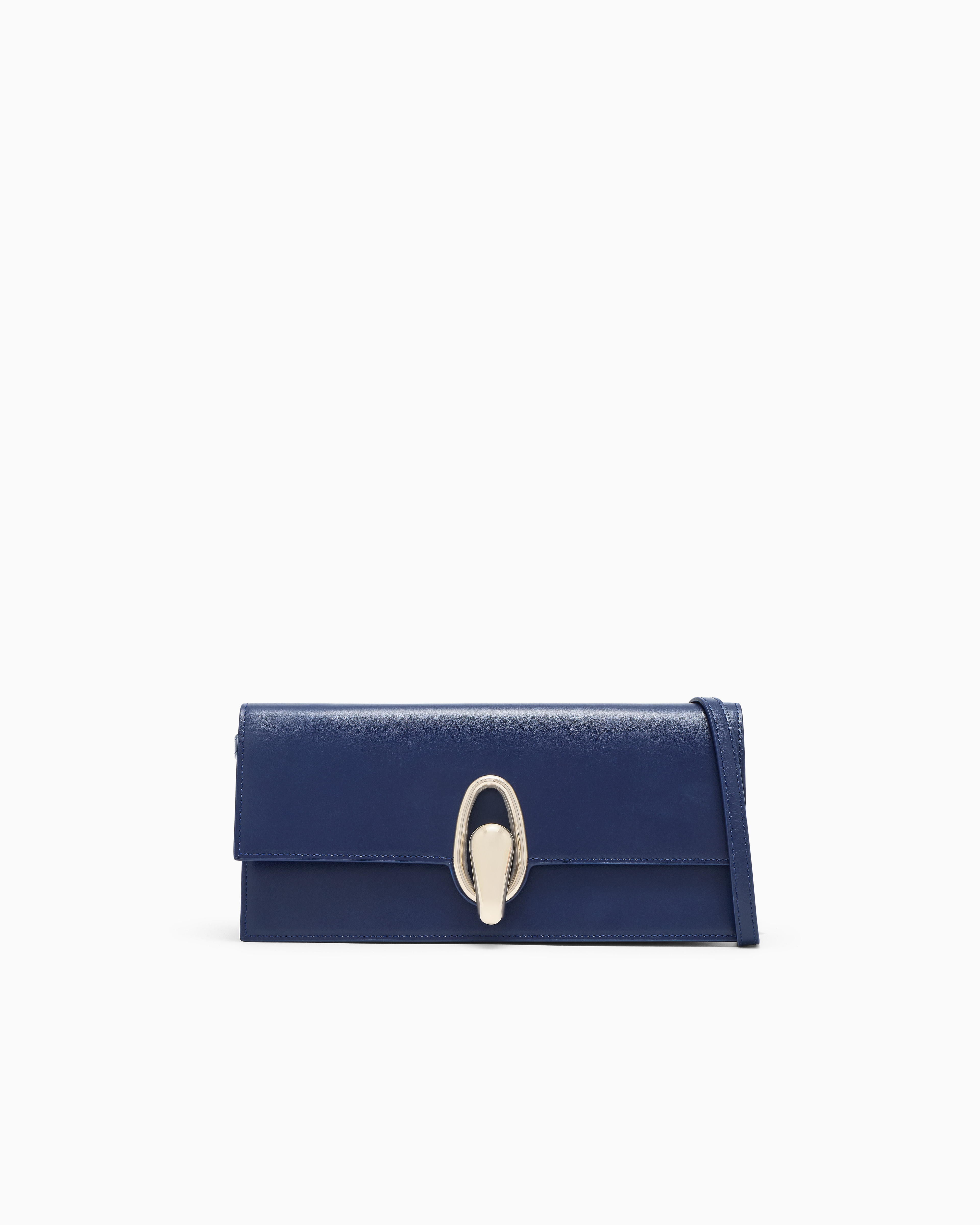 Giorgio Armani Navy Blue Accordion Clutch In Polished Leather With A Shoulder Strap