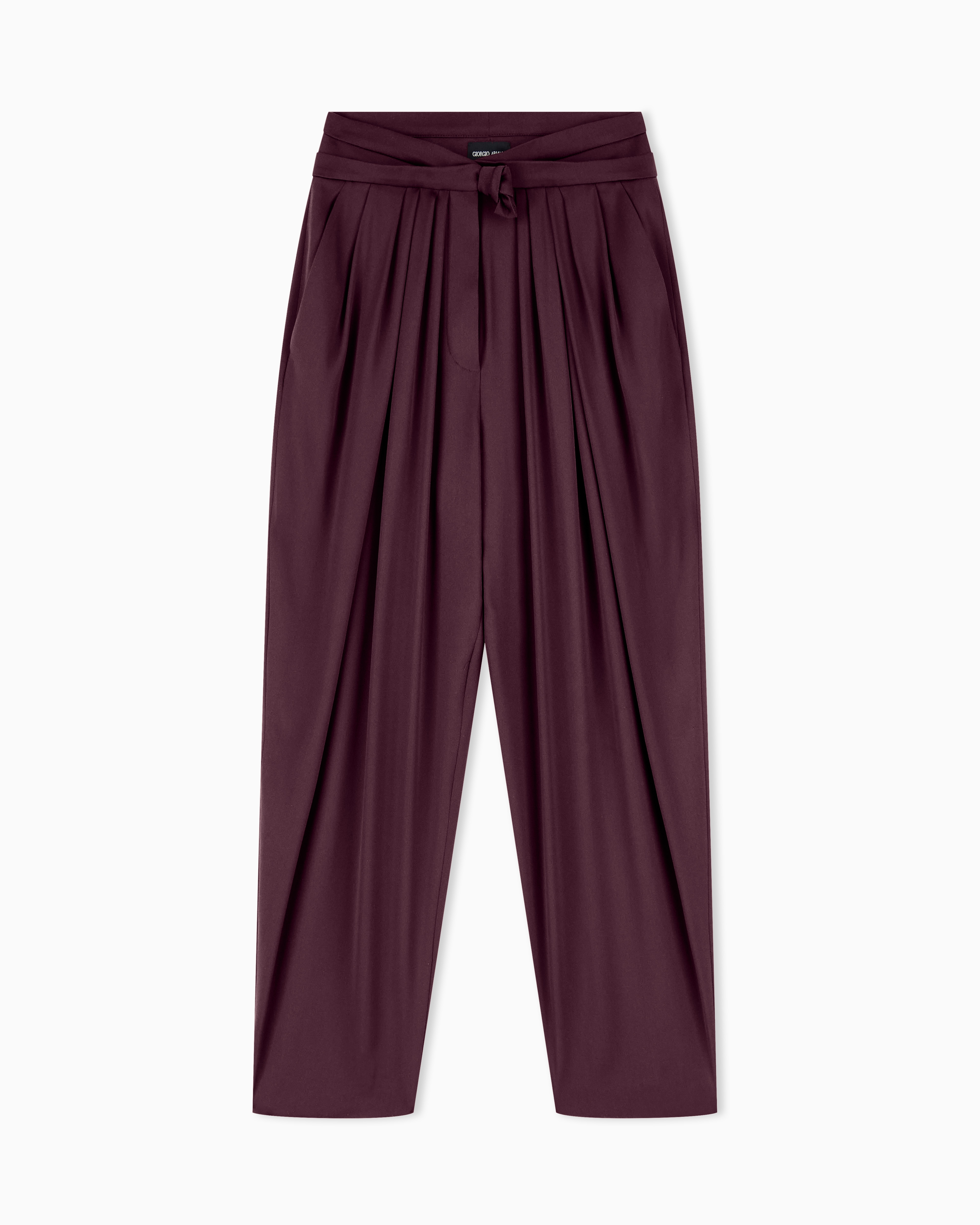 Giorgio Armani Burgundy Multi-Pleated Trousers In Silk Satin With A Waistband Knot